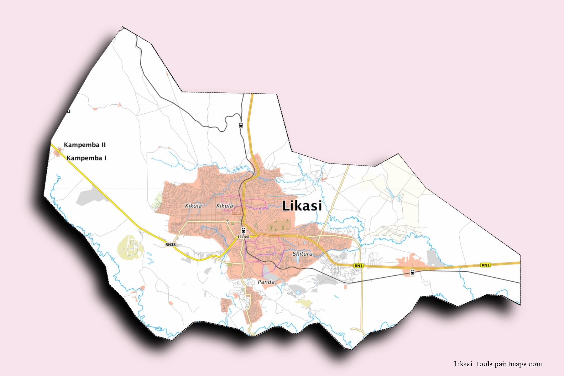 Likasi neighborhoods and villages map with 3D shadow effect