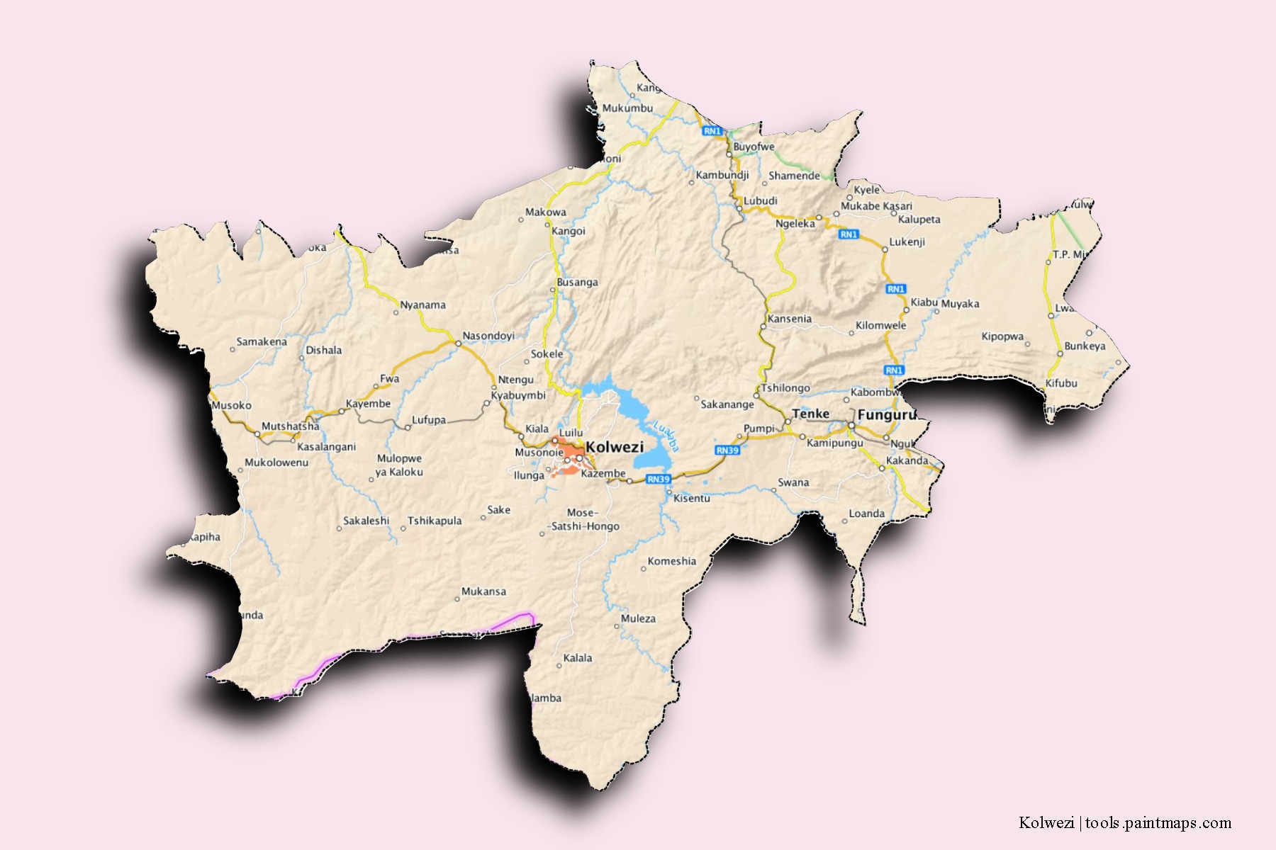 Kolwezi neighborhoods and villages map with 3D shadow effect