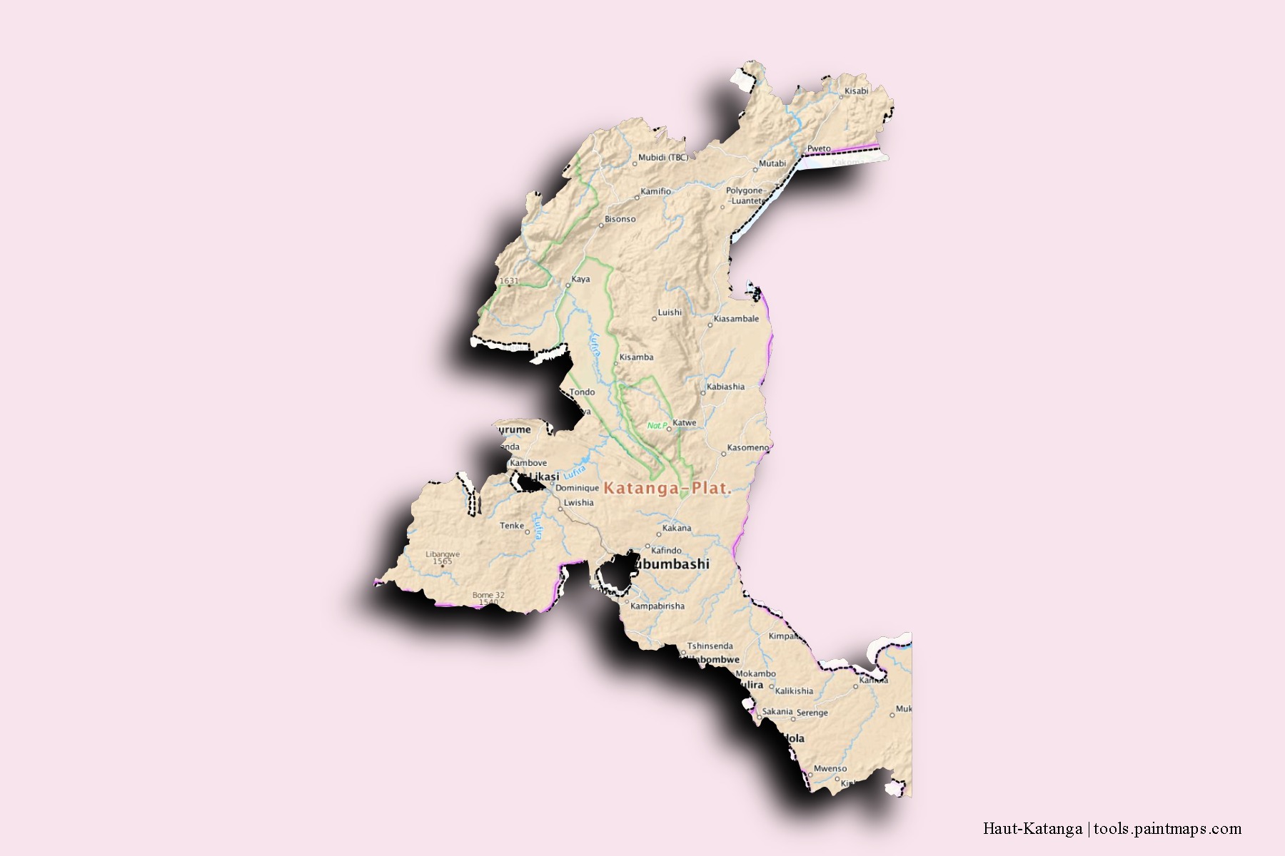 Mapa de barrios y pueblos de Haut-Katanga con efecto de sombra 3D