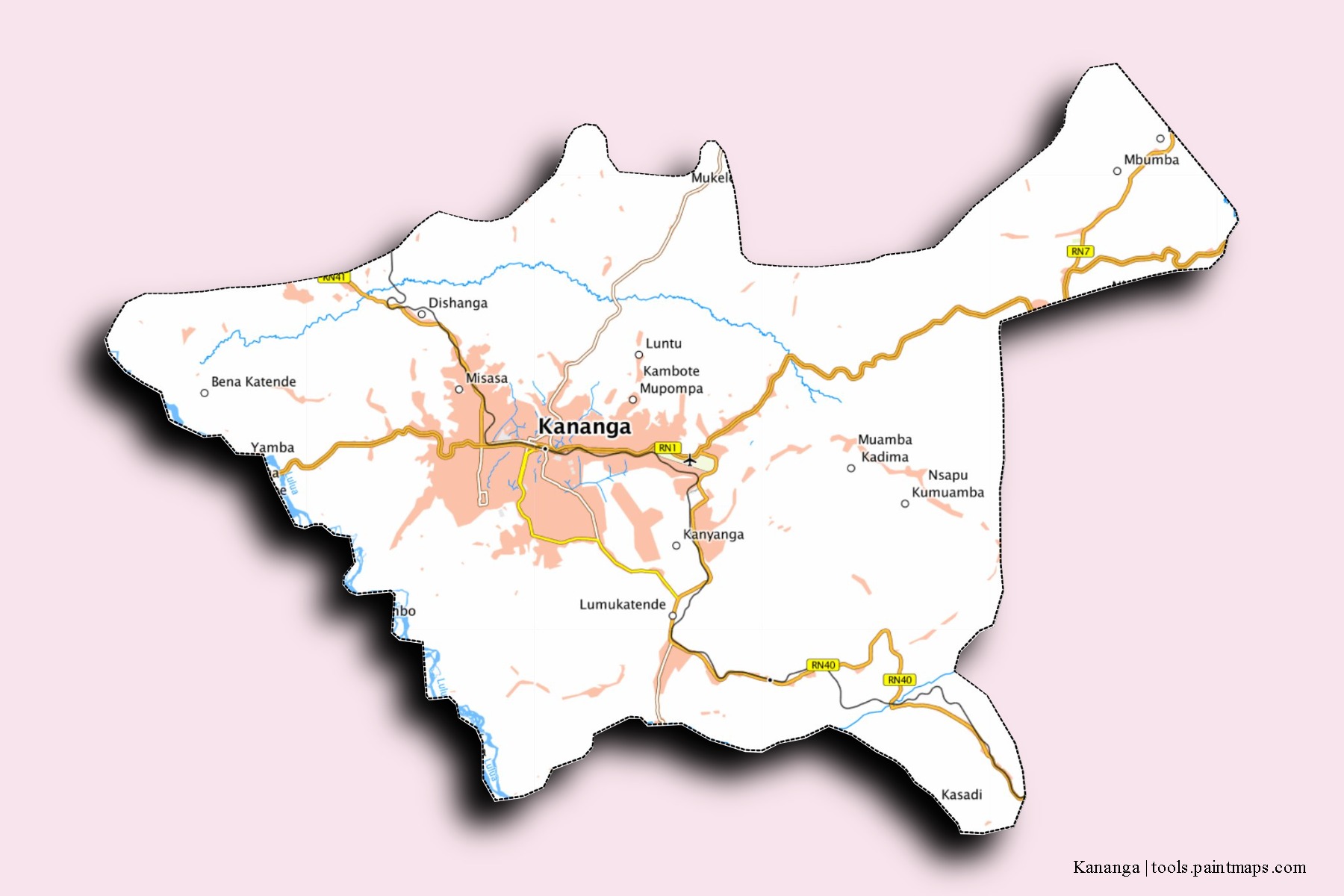 Mapa de barrios y pueblos de Kananga con efecto de sombra 3D