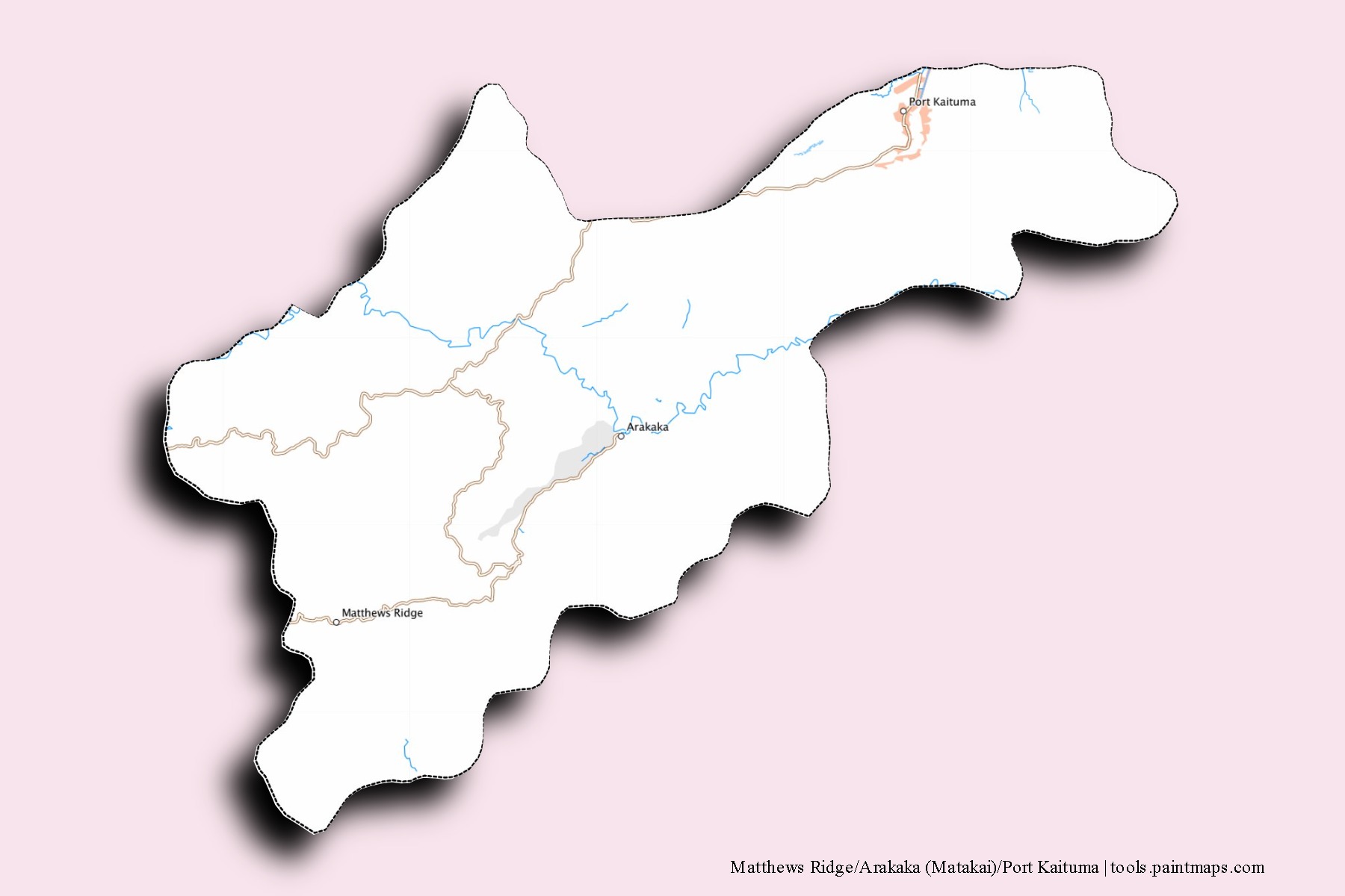 Matthews Ridge / Arakaka (Matakai) / Port Kaituma neighborhoods and villages map with 3D shadow effect