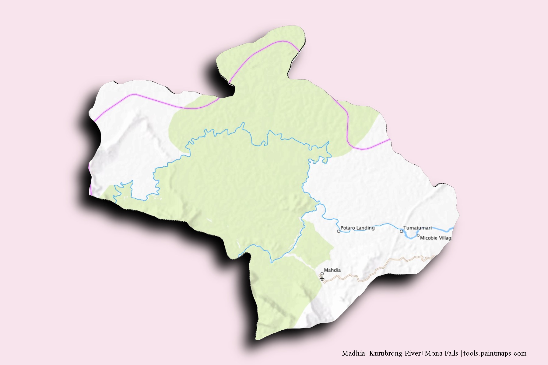 Madhia + Kuribrong River + Mona Falls neighborhoods and villages map with 3D shadow effect