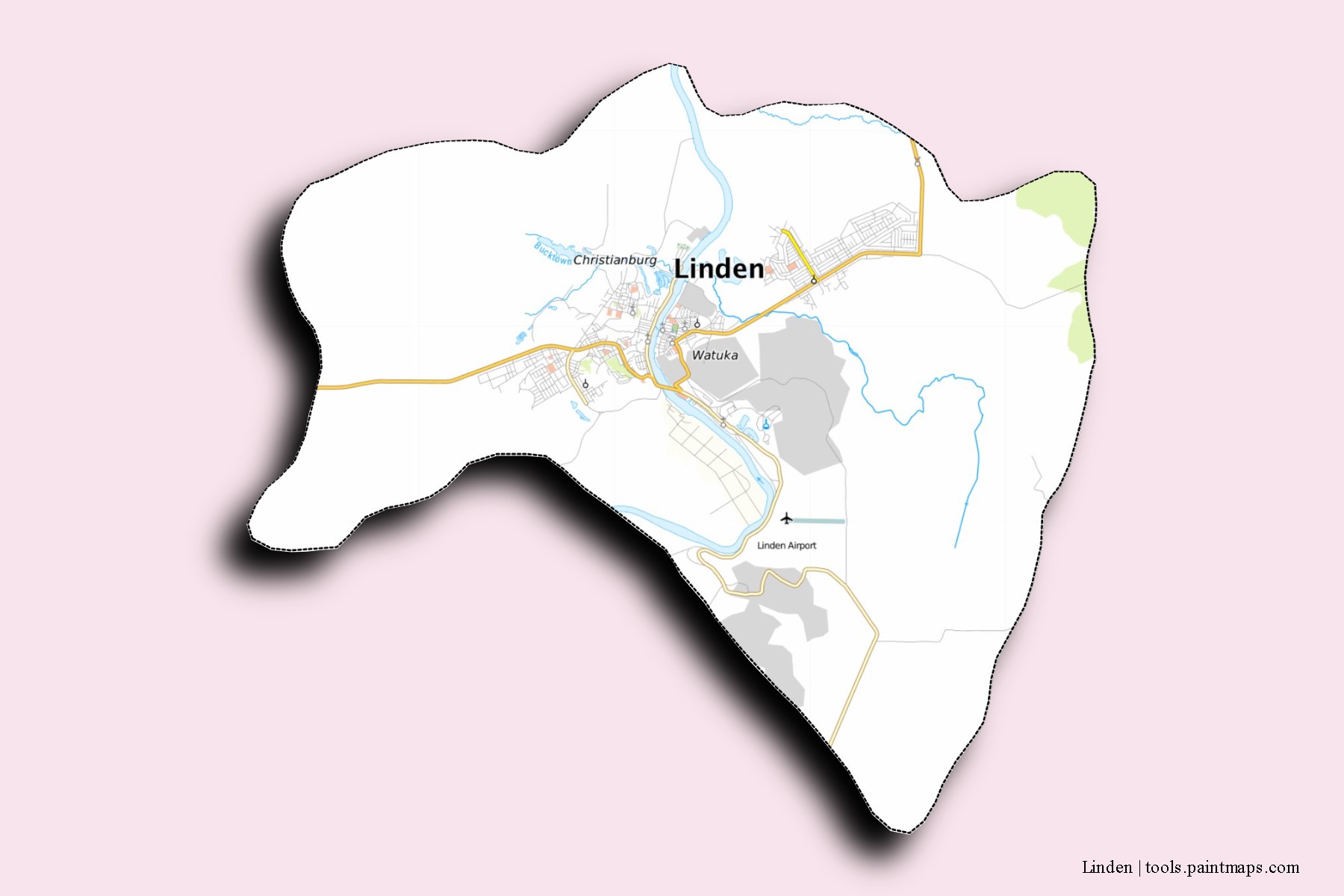 Mapa de barrios y pueblos de Linden con efecto de sombra 3D