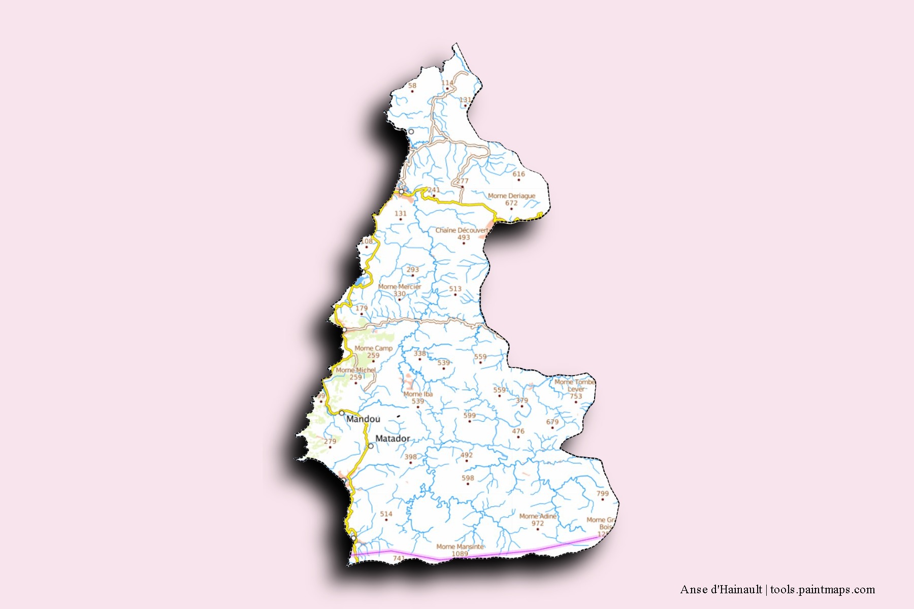 Mapa de barrios y pueblos de Anse d'Hainault con efecto de sombra 3D