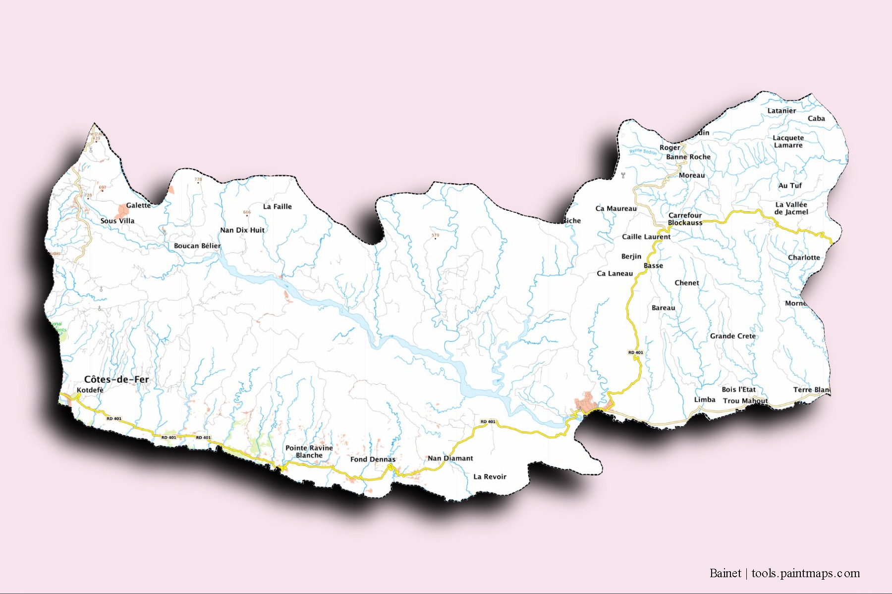 Mapa de barrios y pueblos de Bainet con efecto de sombra 3D