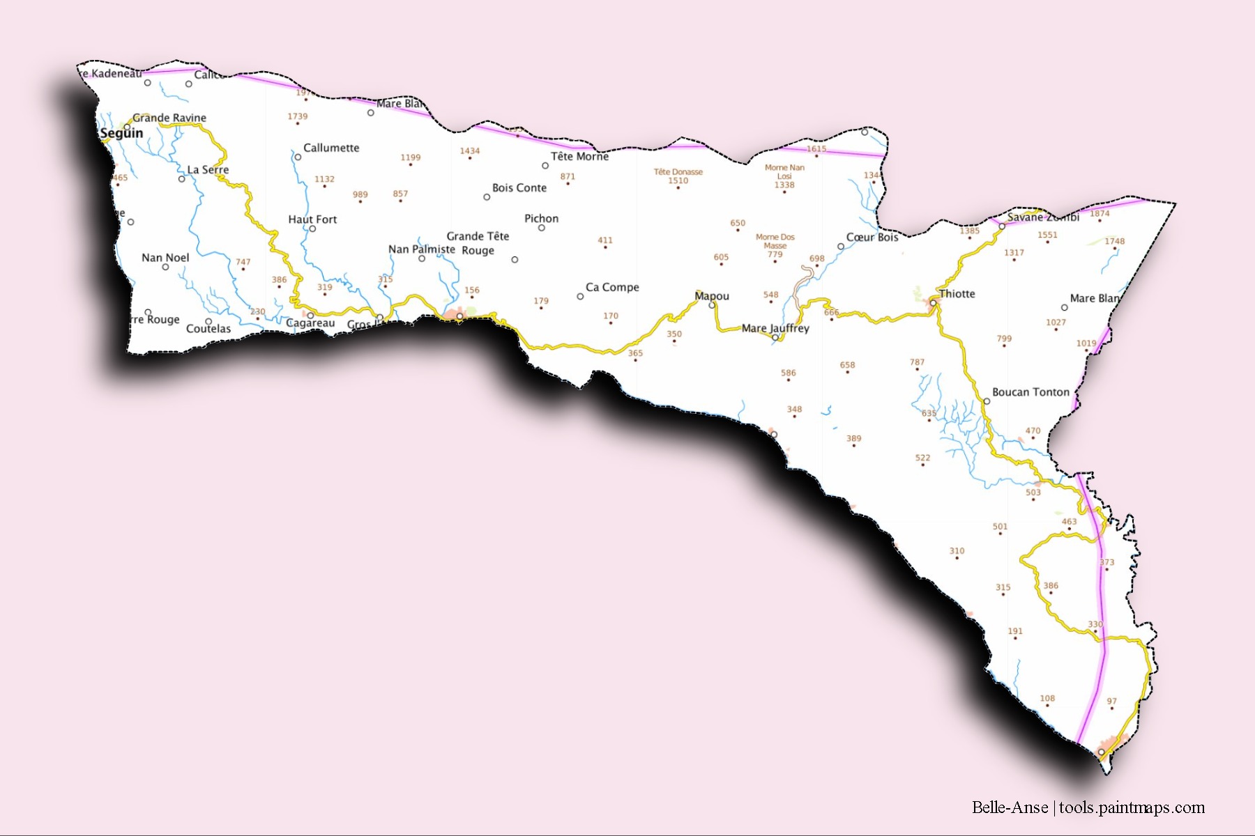 Belle-Anse neighborhoods and villages map with 3D shadow effect