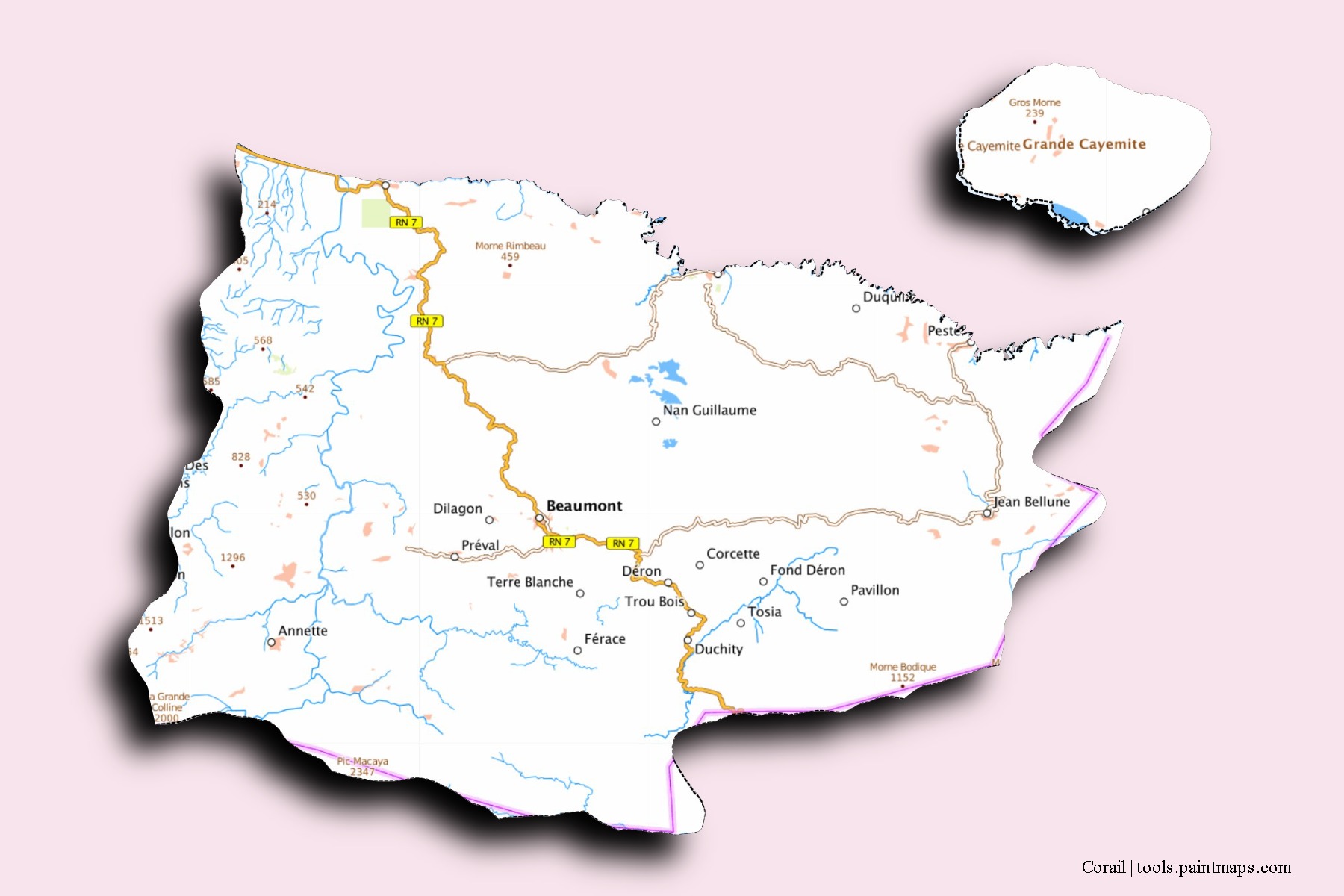 Mapa de barrios y pueblos de Corail con efecto de sombra 3D