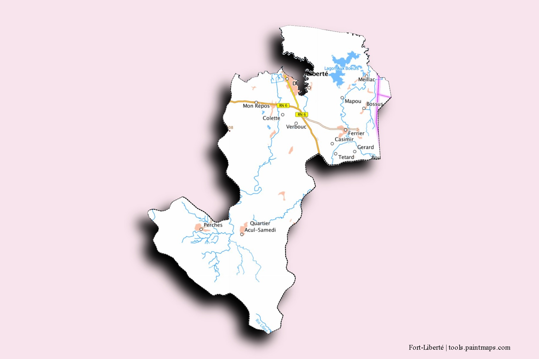 Mapa de barrios y pueblos de Fort-Liberté con efecto de sombra 3D