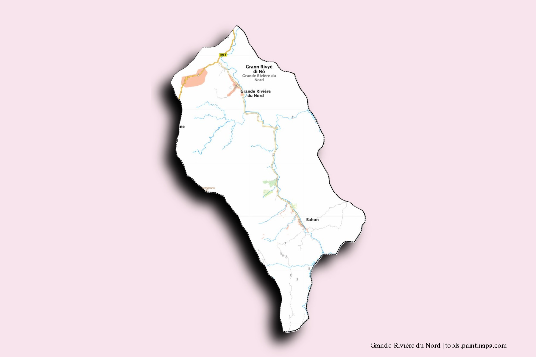 3D gölge efektli Grande-Rivière du Nord mahalleleri ve köyleri haritası