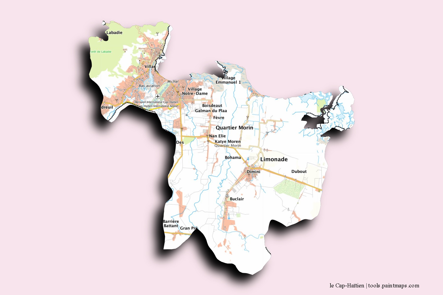3D gölge efektli le Cap-Haïtien mahalleleri ve köyleri haritası