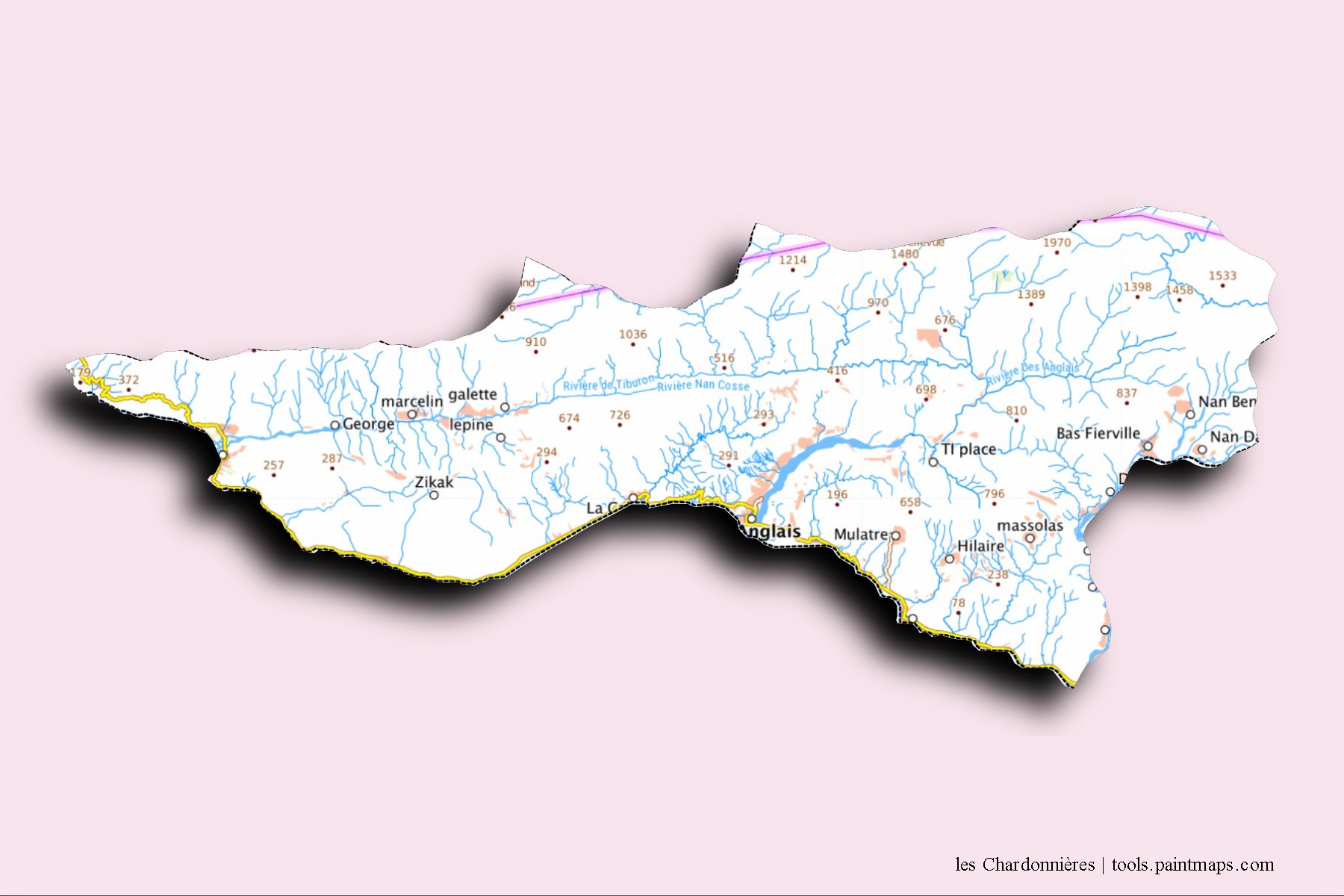 Mapa de barrios y pueblos de les Chardonnières con efecto de sombra 3D