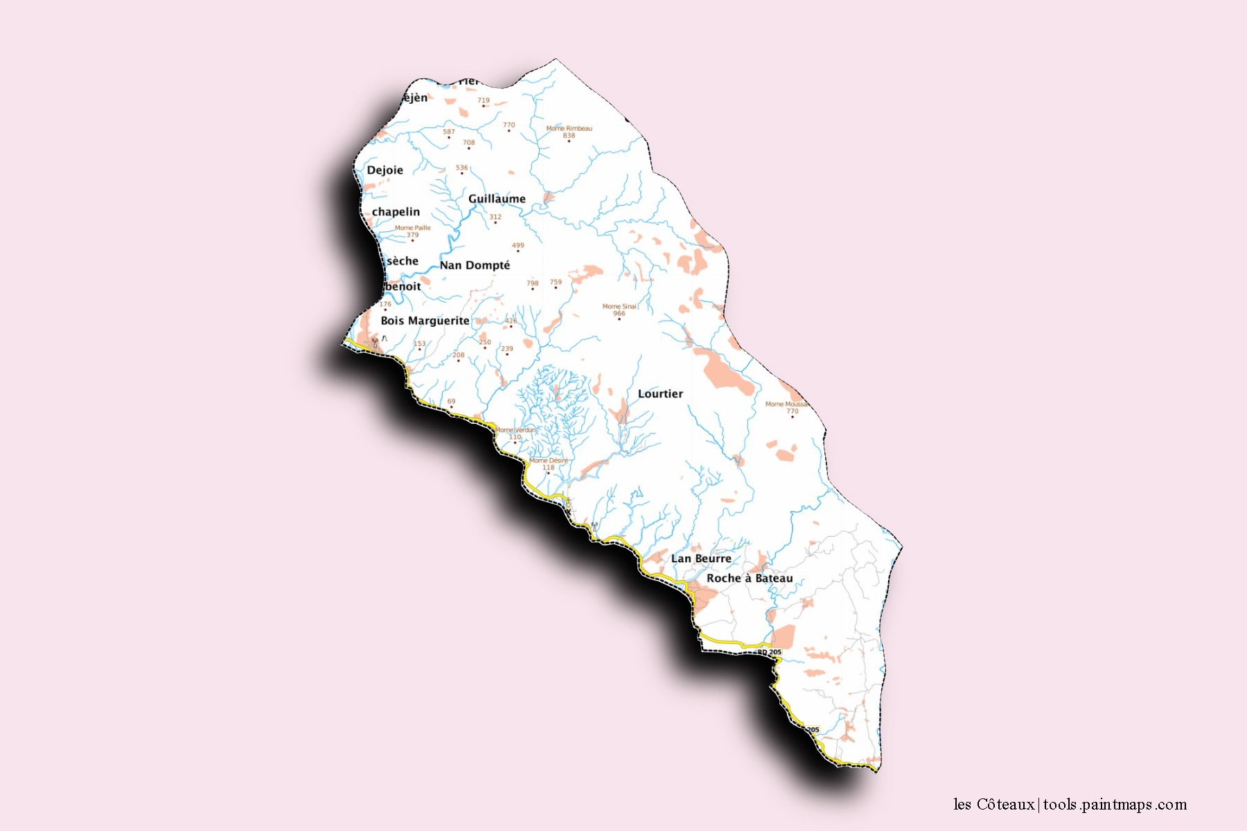 Mapa de barrios y pueblos de les Côteaux con efecto de sombra 3D