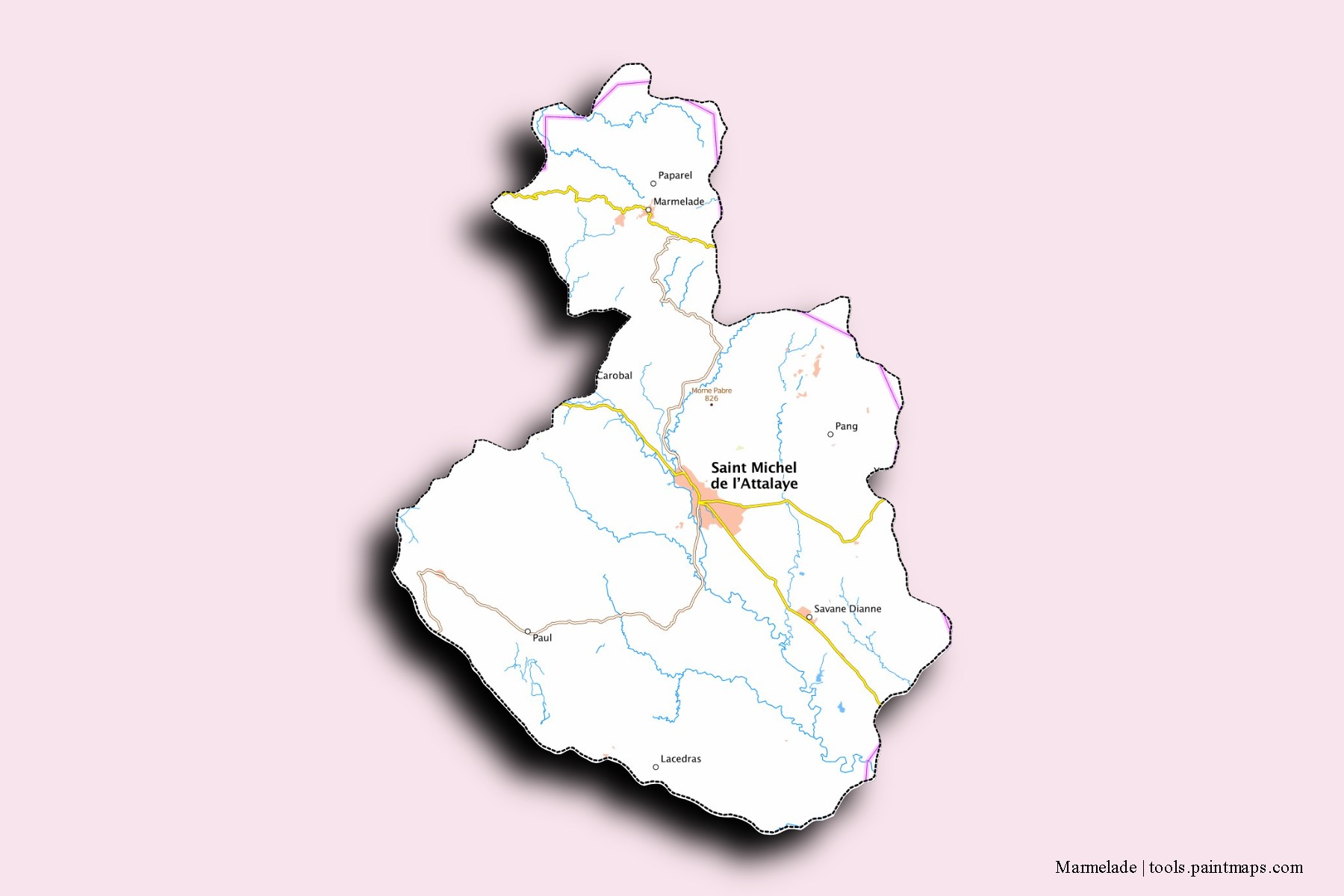 Mapa de barrios y pueblos de Marmelade con efecto de sombra 3D