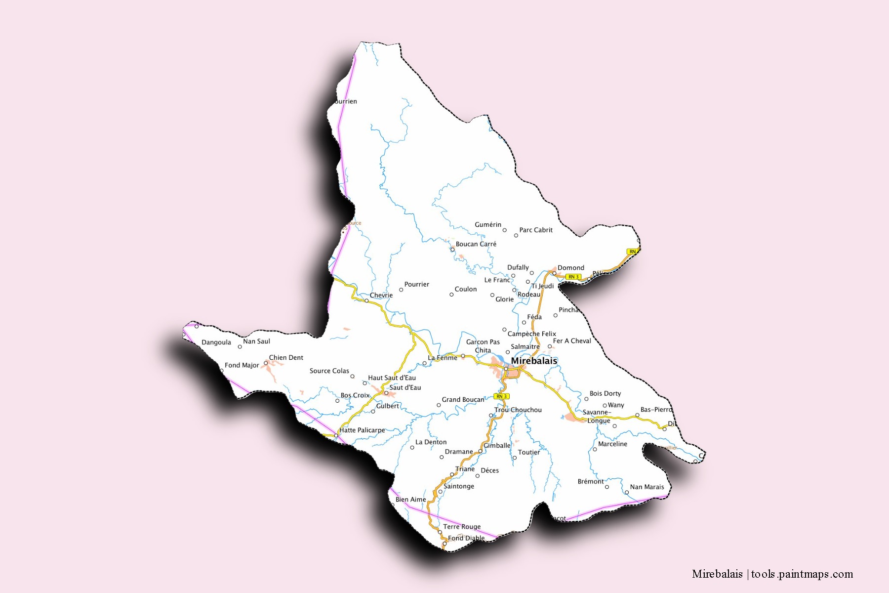 Mapa de barrios y pueblos de Mirebalais con efecto de sombra 3D