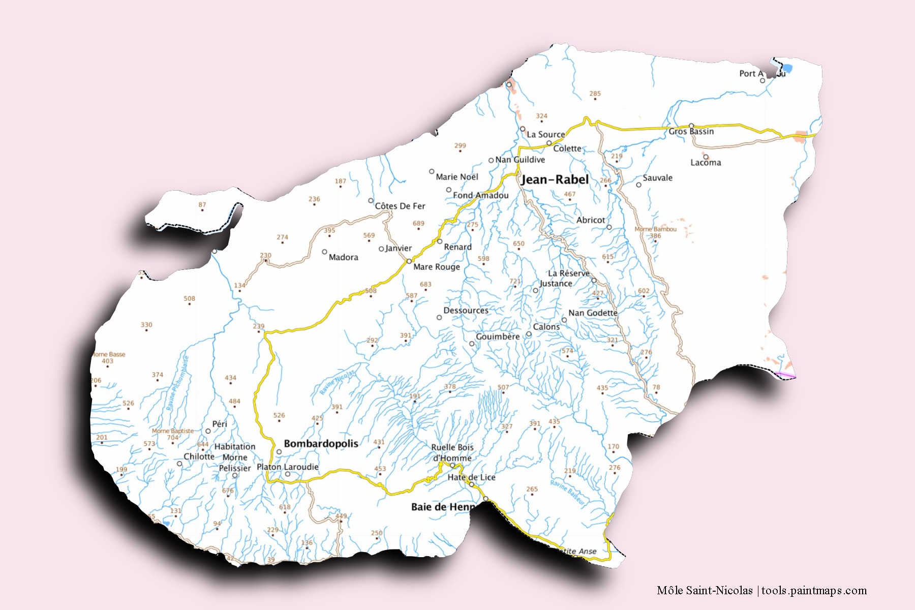 Môle Saint-Nicolas neighborhoods and villages map with 3D shadow effect