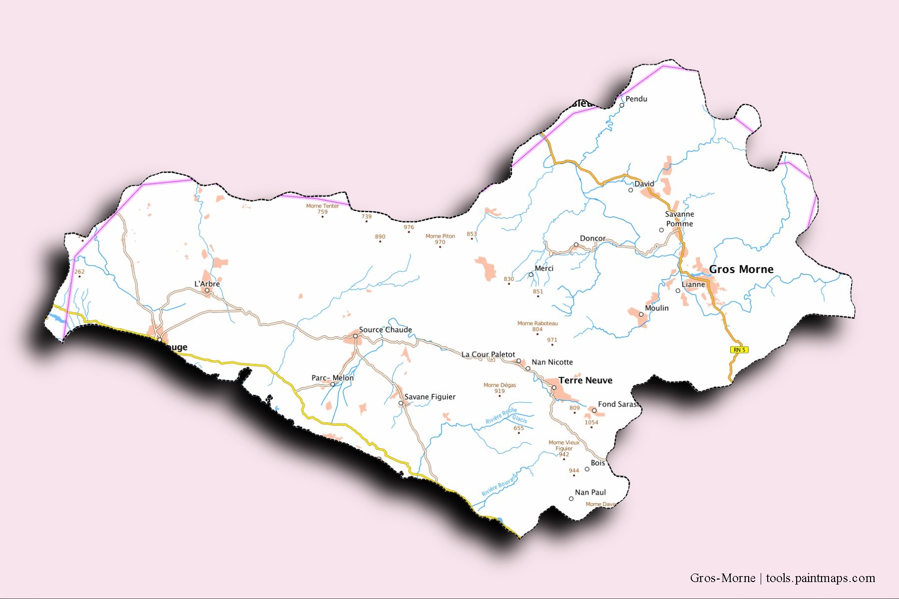 Gros-Morne neighborhoods and villages map with 3D shadow effect