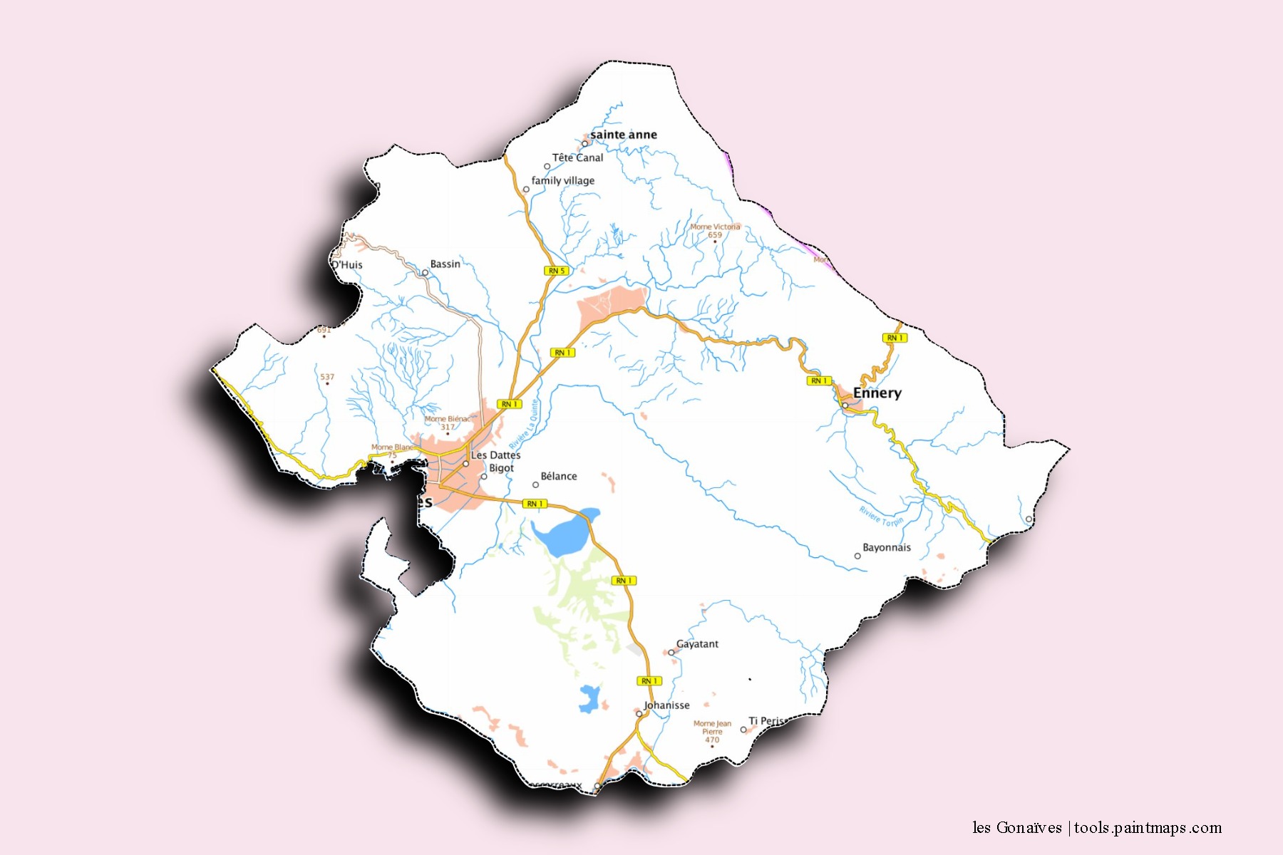 Mapa de barrios y pueblos de les Gonaïves con efecto de sombra 3D