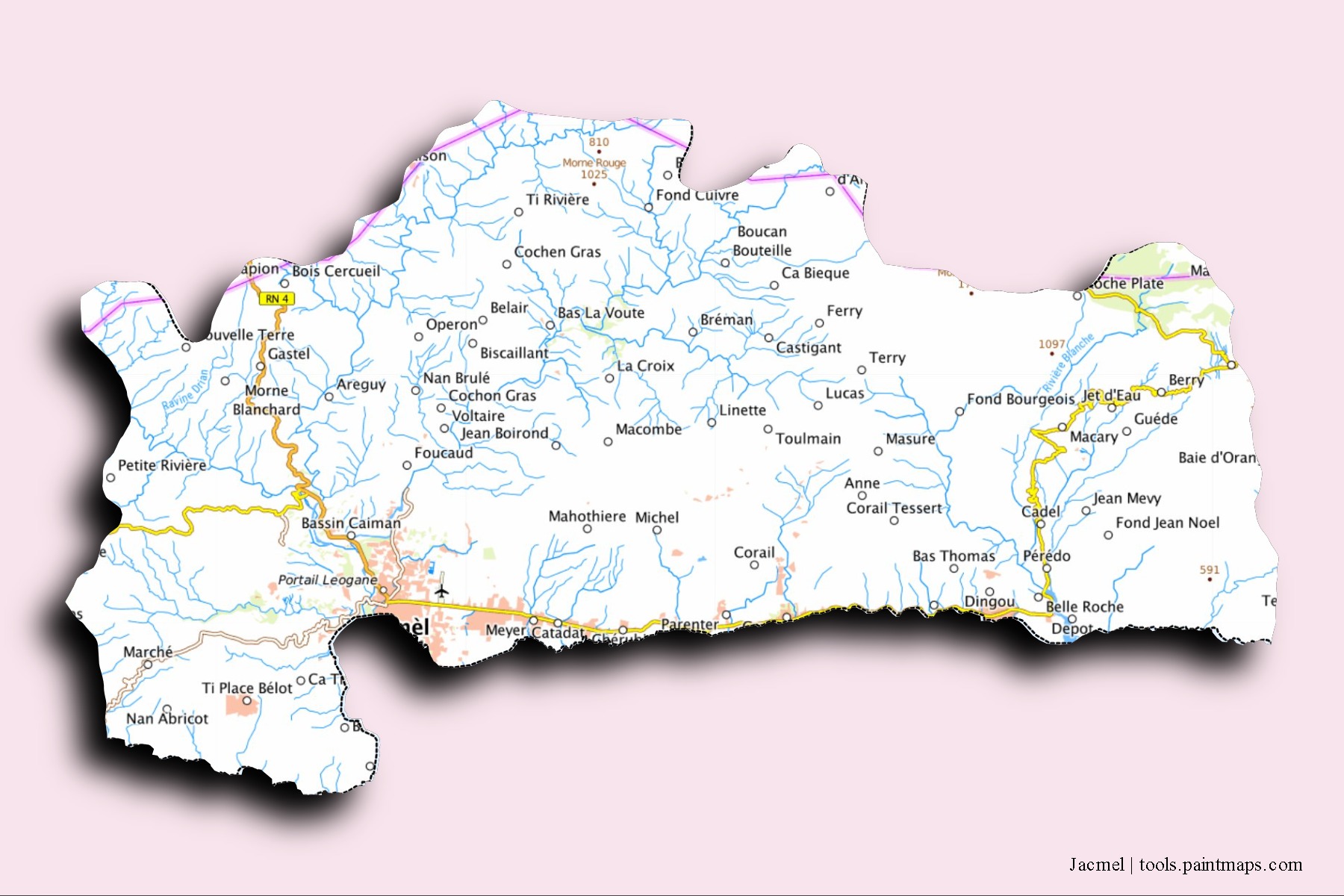 Jacmel neighborhoods and villages map with 3D shadow effect