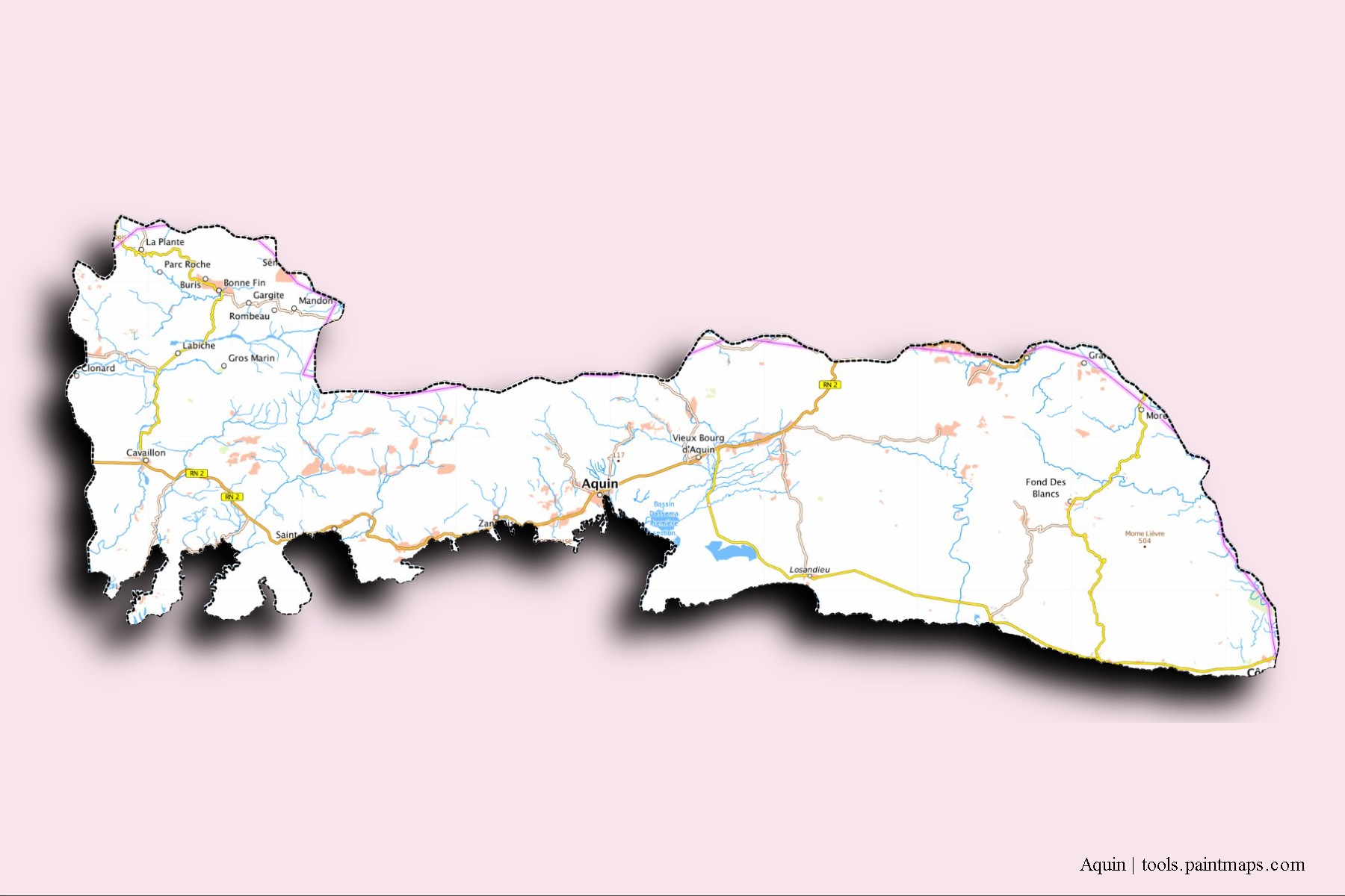 Aquin neighborhoods and villages map with 3D shadow effect