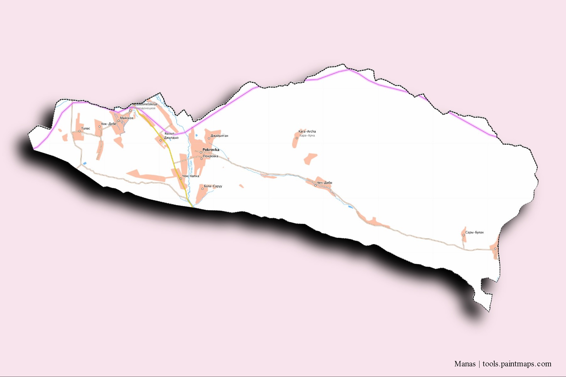 Manas neighborhoods and villages map with 3D shadow effect