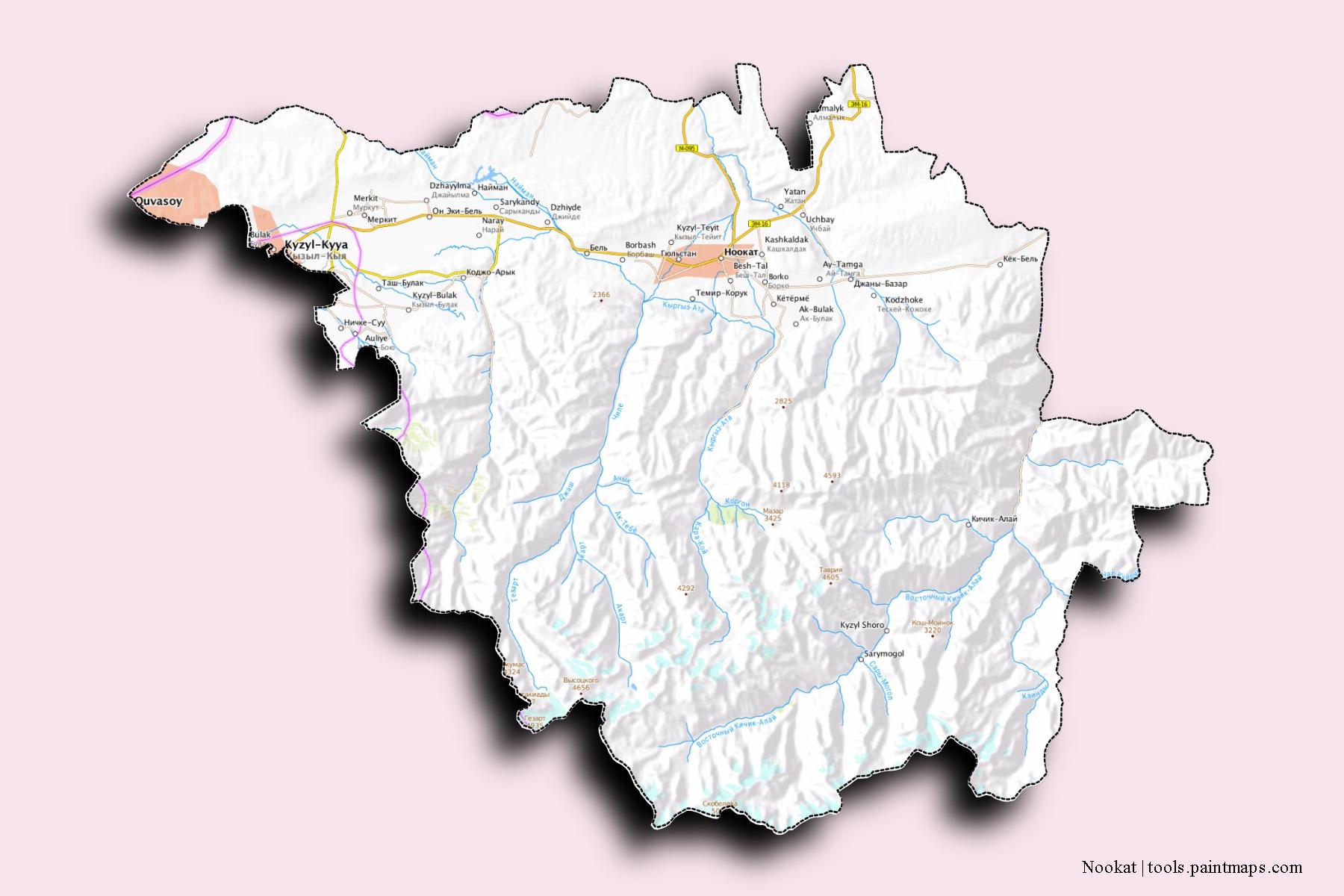 Mapa de barrios y pueblos de Nookat con efecto de sombra 3D