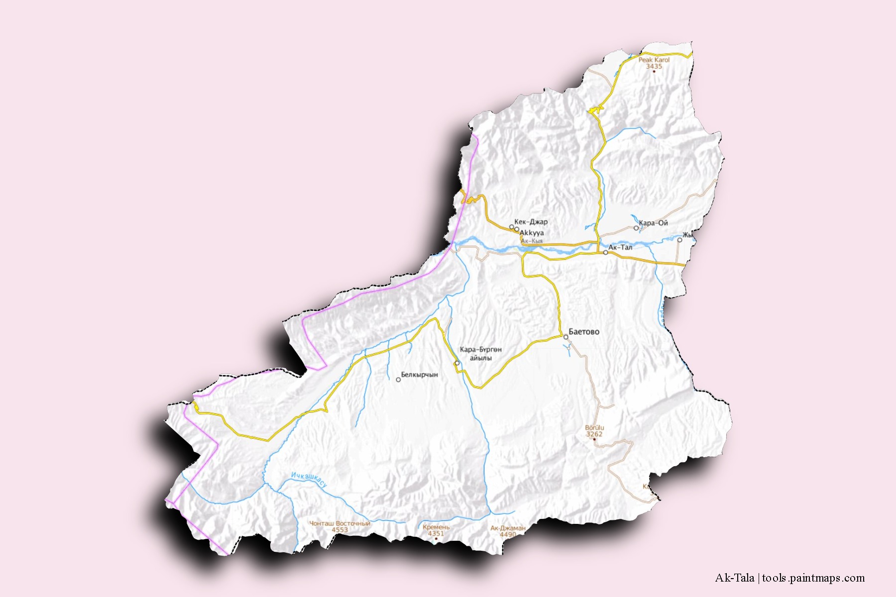 Mapa de barrios y pueblos de Ak-Tala con efecto de sombra 3D