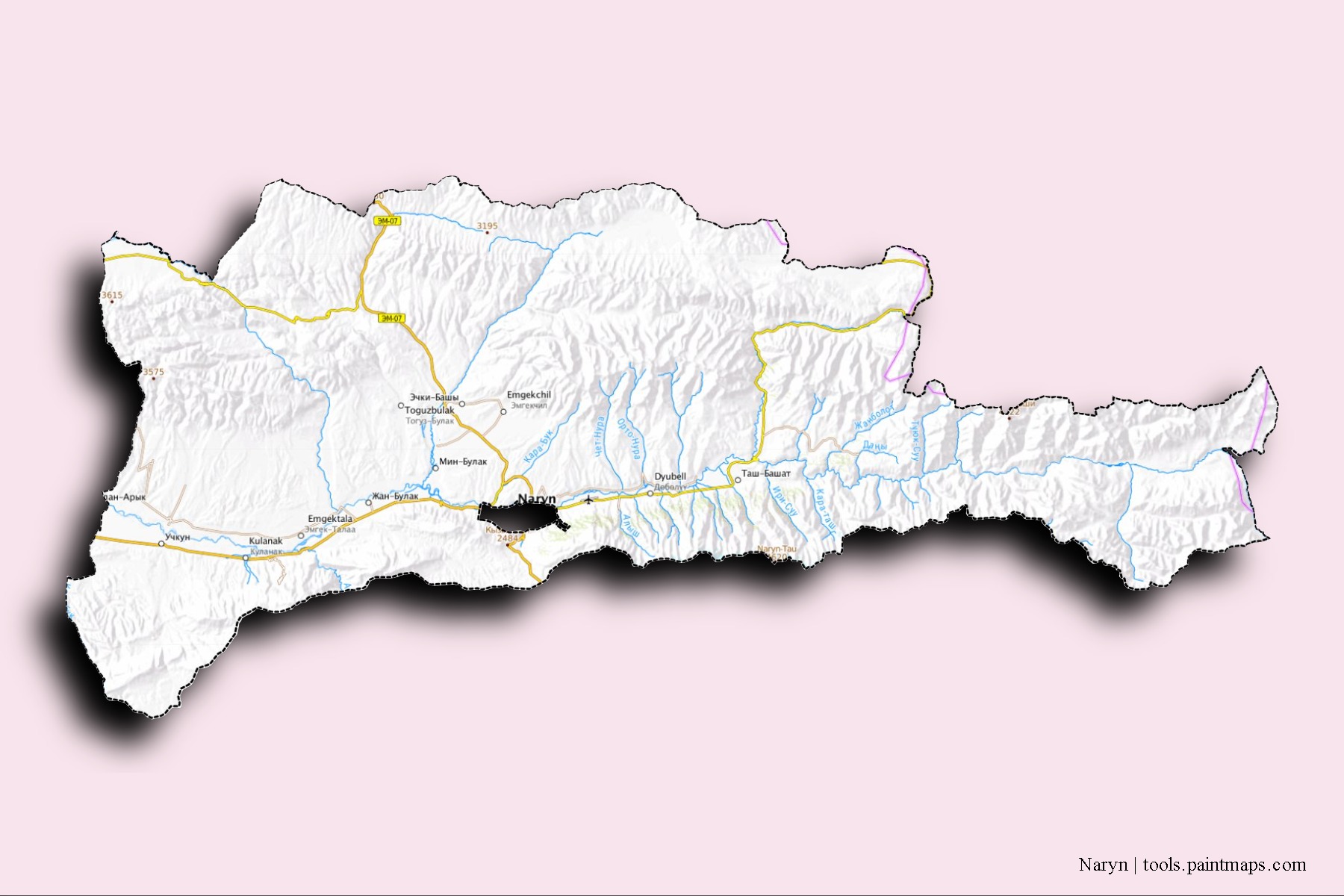 Mapa de barrios y pueblos de Naryn con efecto de sombra 3D