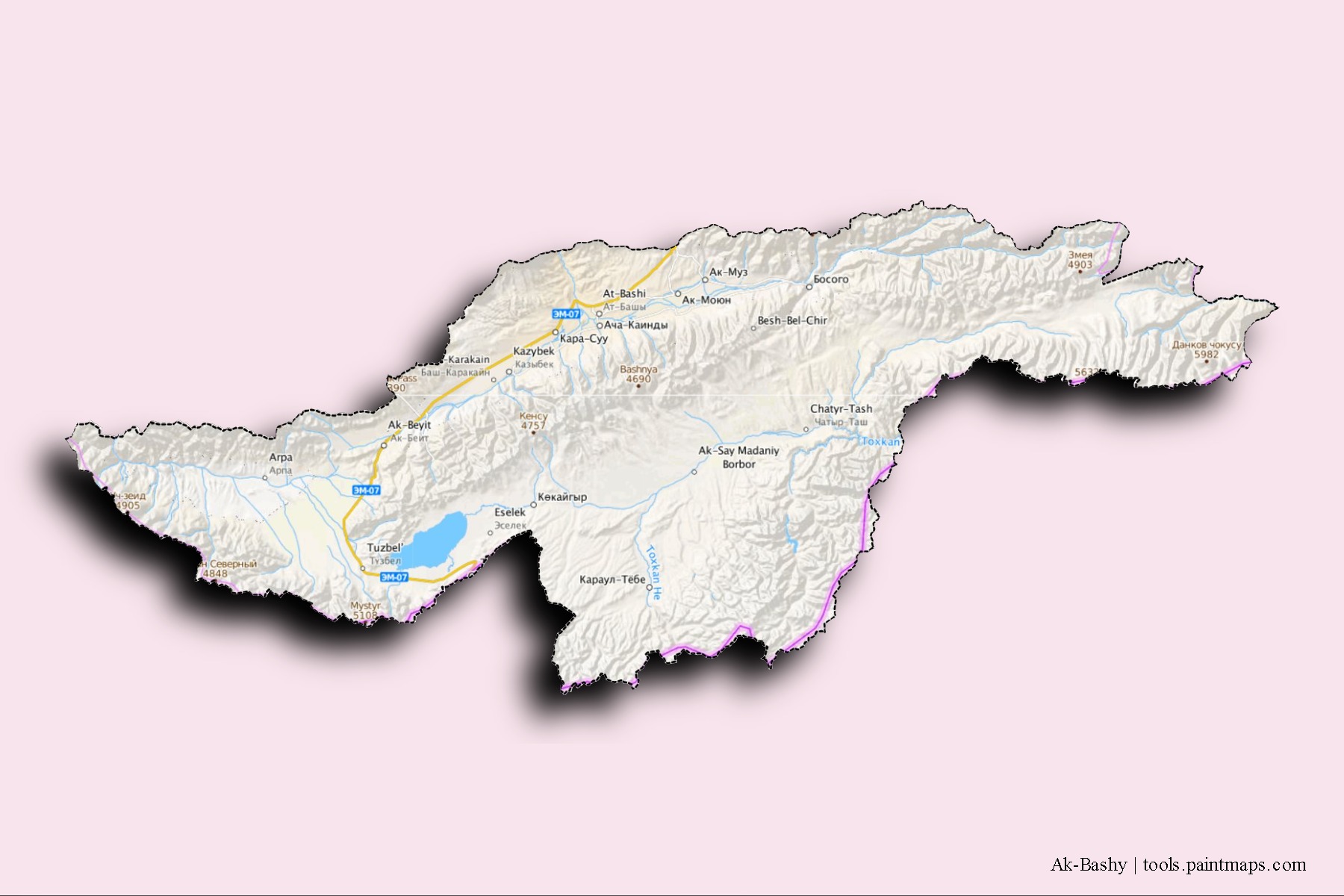 Mapa de barrios y pueblos de Ak-Bashy con efecto de sombra 3D