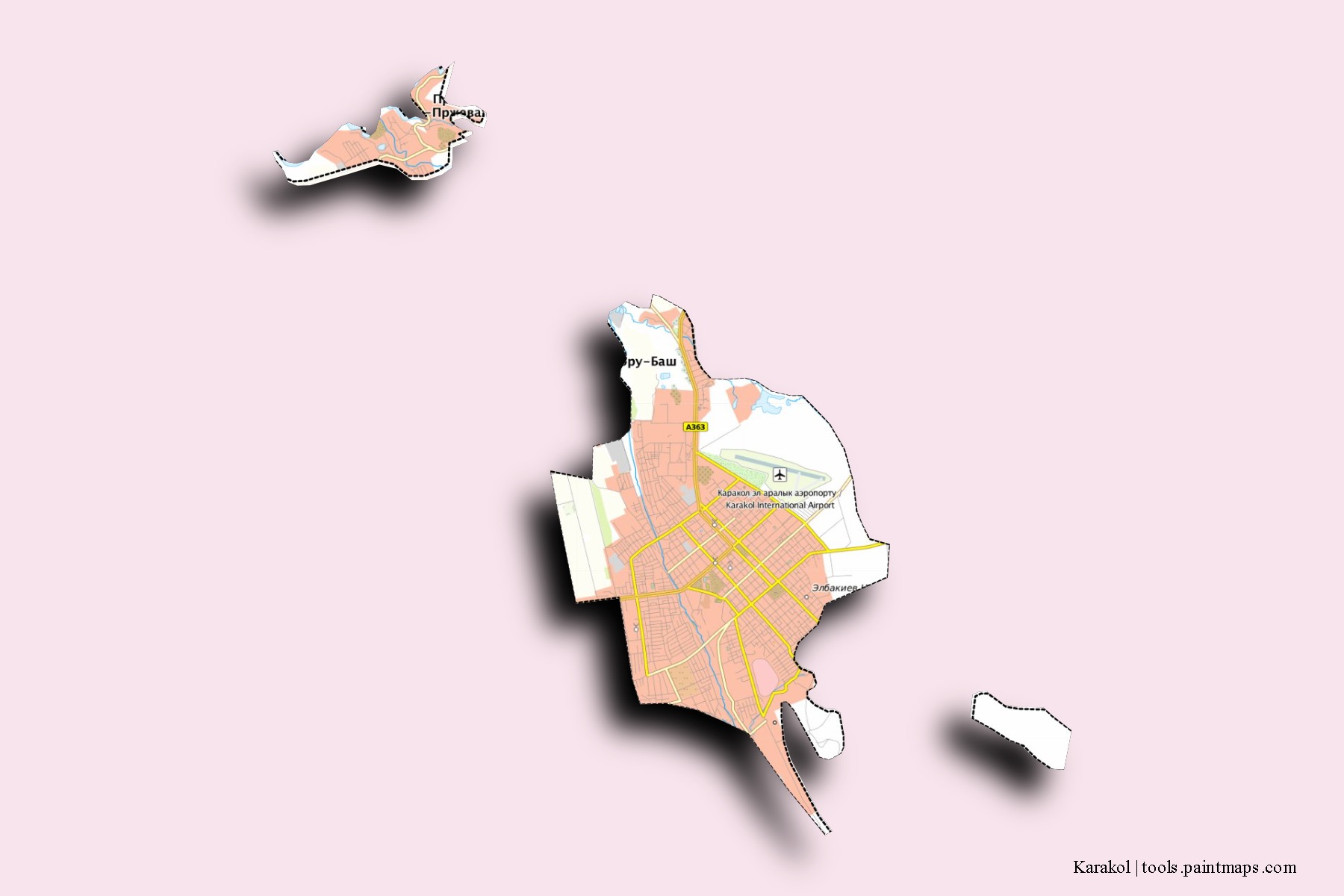 Mapa de barrios y pueblos de Karakol con efecto de sombra 3D