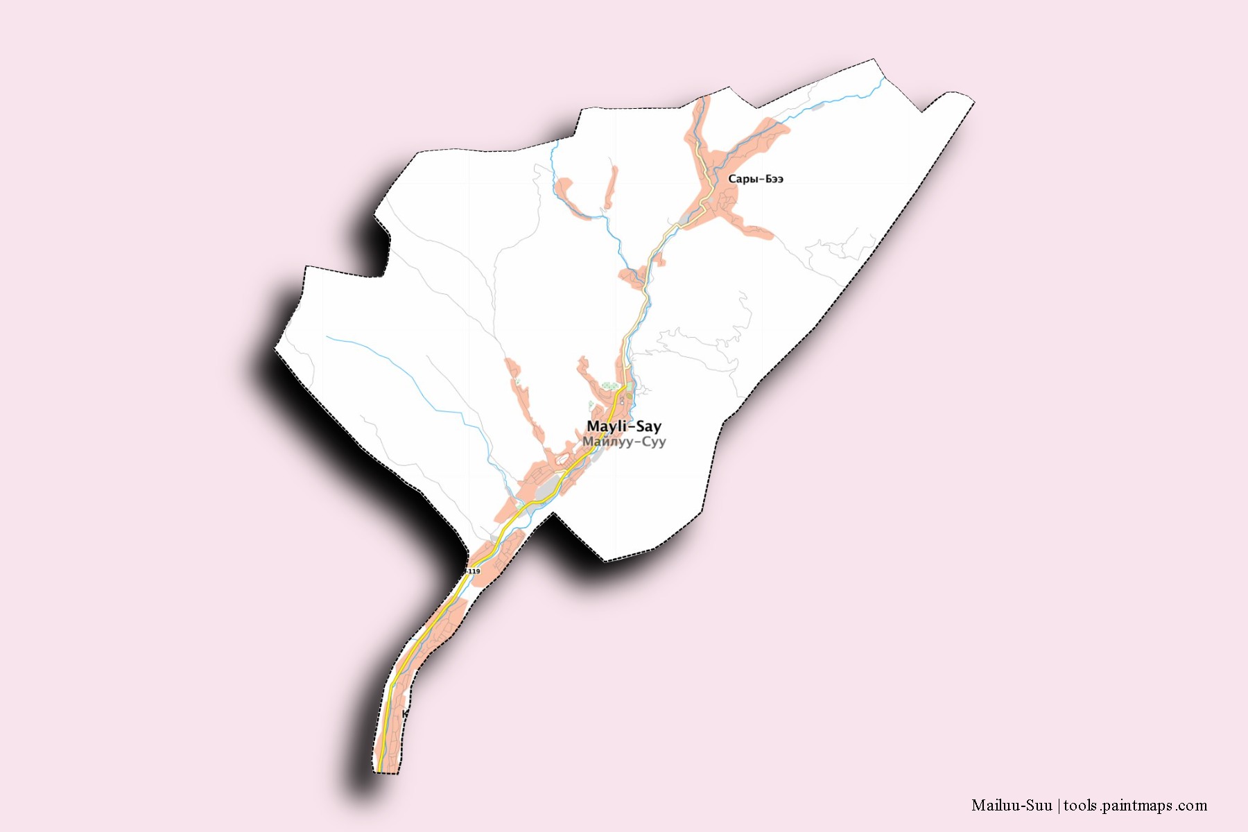 Mailuu-Suu neighborhoods and villages map with 3D shadow effect