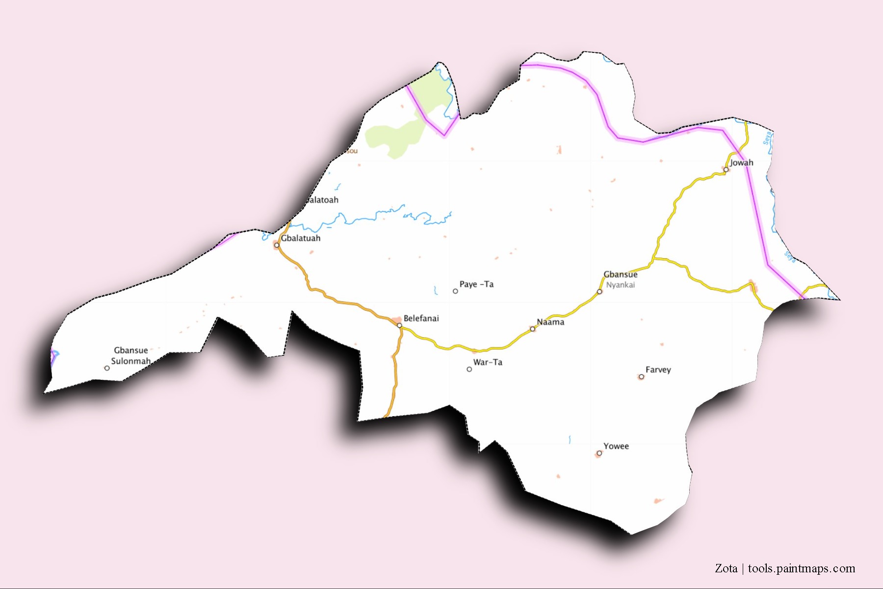 Zota neighborhoods and villages map with 3D shadow effect