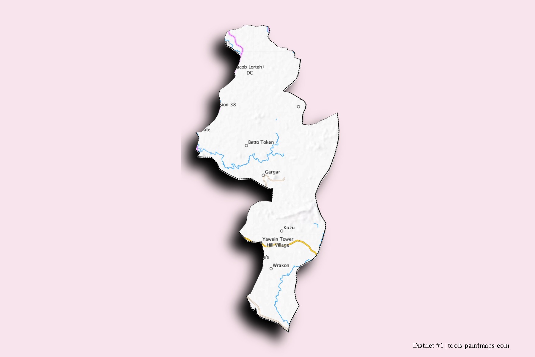 Mapa de barrios y pueblos de District #1 con efecto de sombra 3D