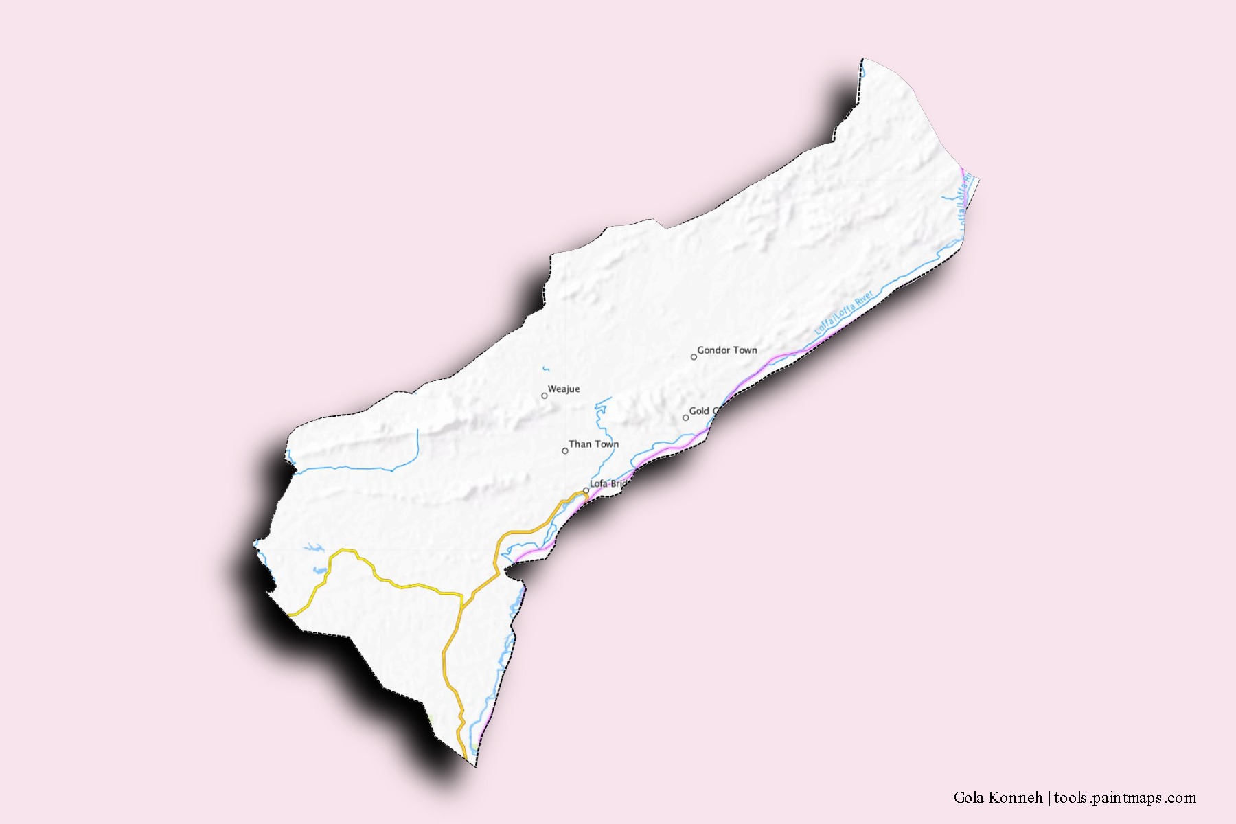 Mapa de barrios y pueblos de Gola Konneh con efecto de sombra 3D