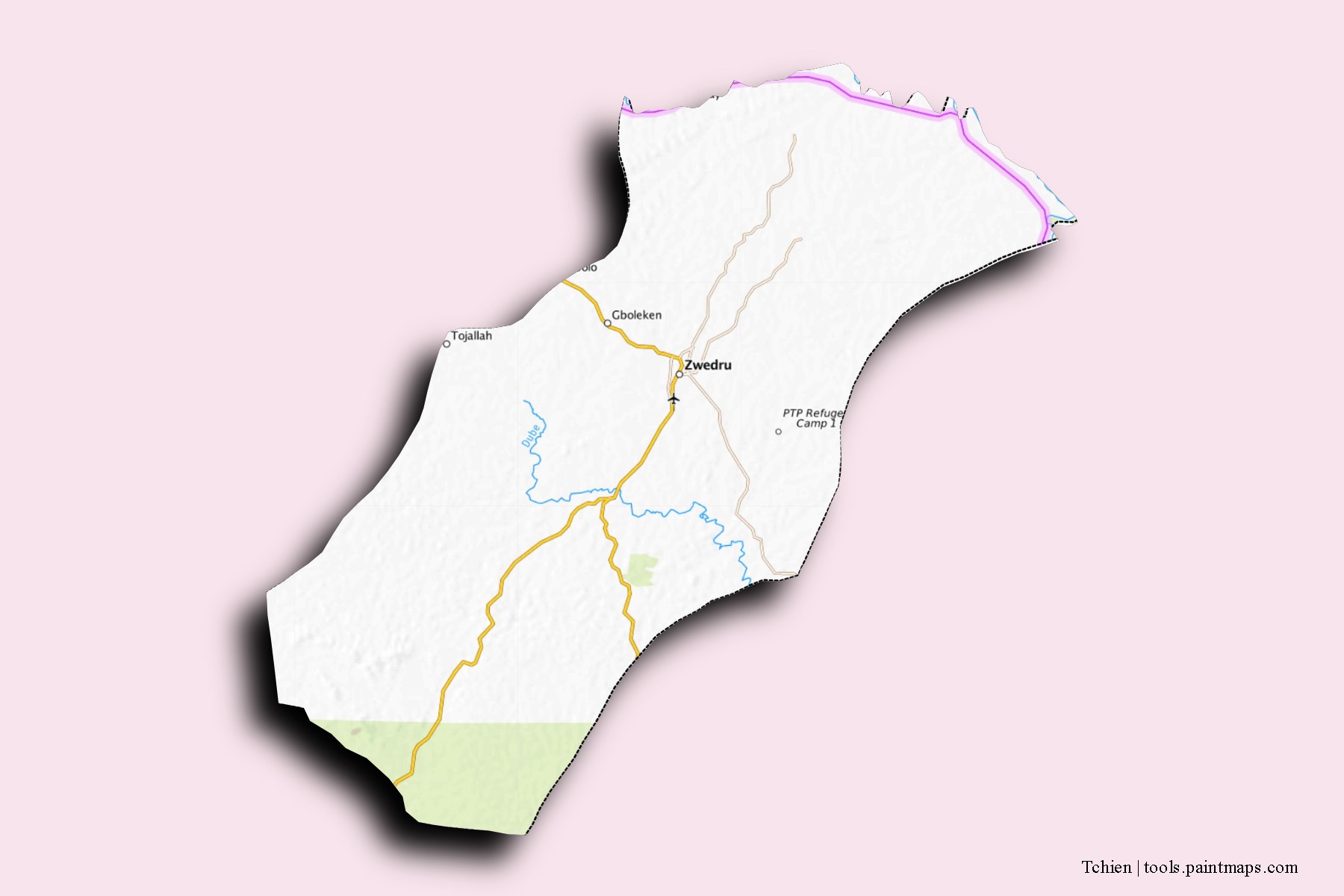 Mapa de barrios y pueblos de Tchien con efecto de sombra 3D