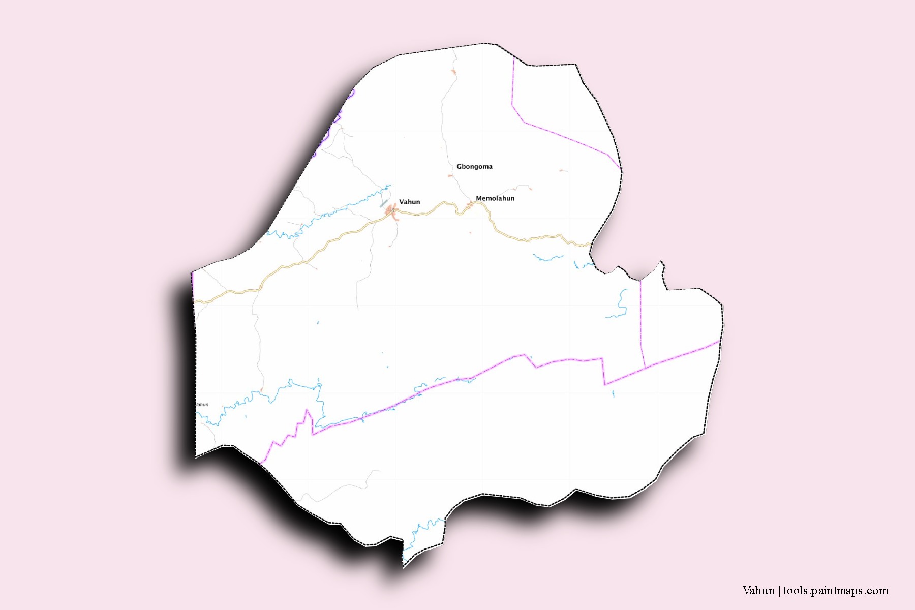 Vahun neighborhoods and villages map with 3D shadow effect