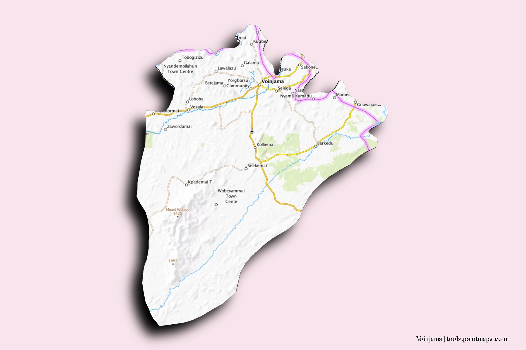 Voinjama neighborhoods and villages map with 3D shadow effect