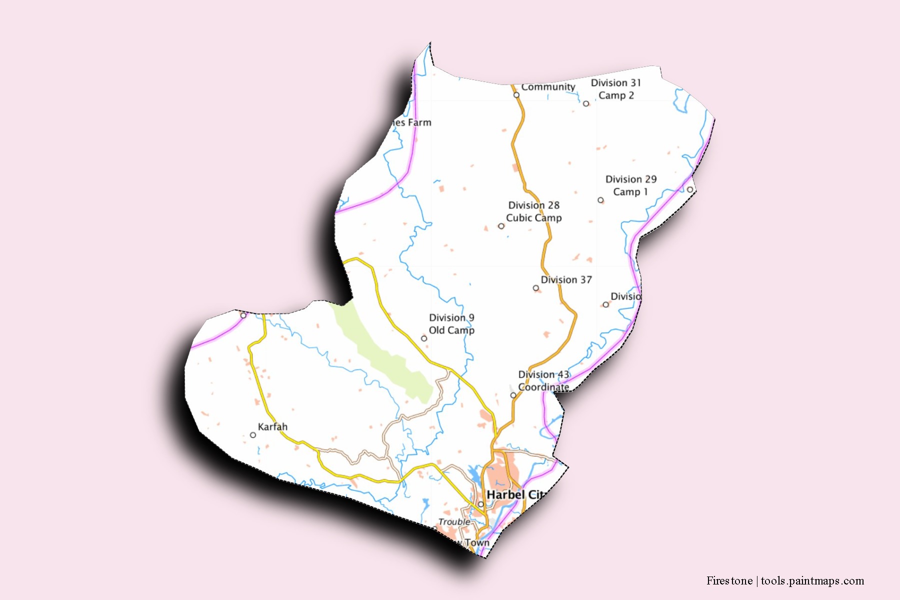 Mapa de barrios y pueblos de Firestone con efecto de sombra 3D