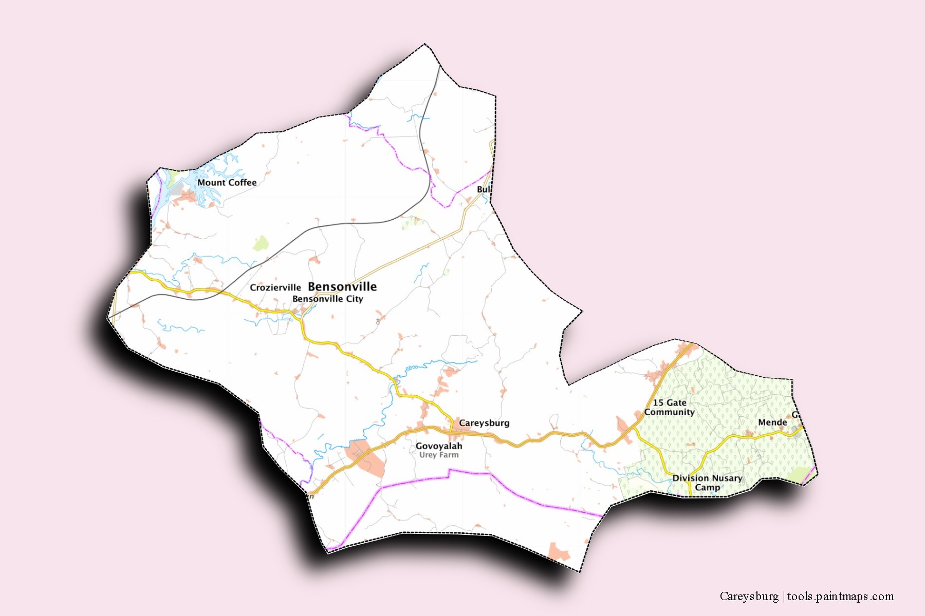 Mapa de barrios y pueblos de Careysburg con efecto de sombra 3D