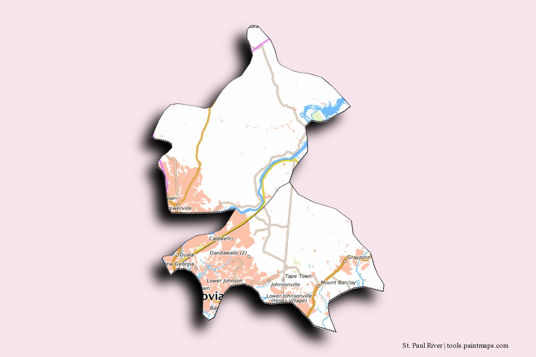 Mapa de barrios y pueblos de St. Paul River con efecto de sombra 3D