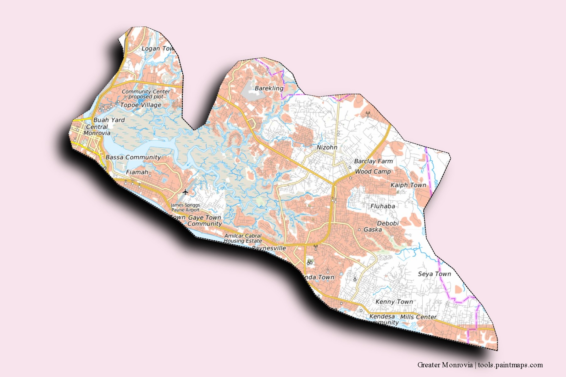 Mapa de barrios y pueblos de Greater Monrovia con efecto de sombra 3D