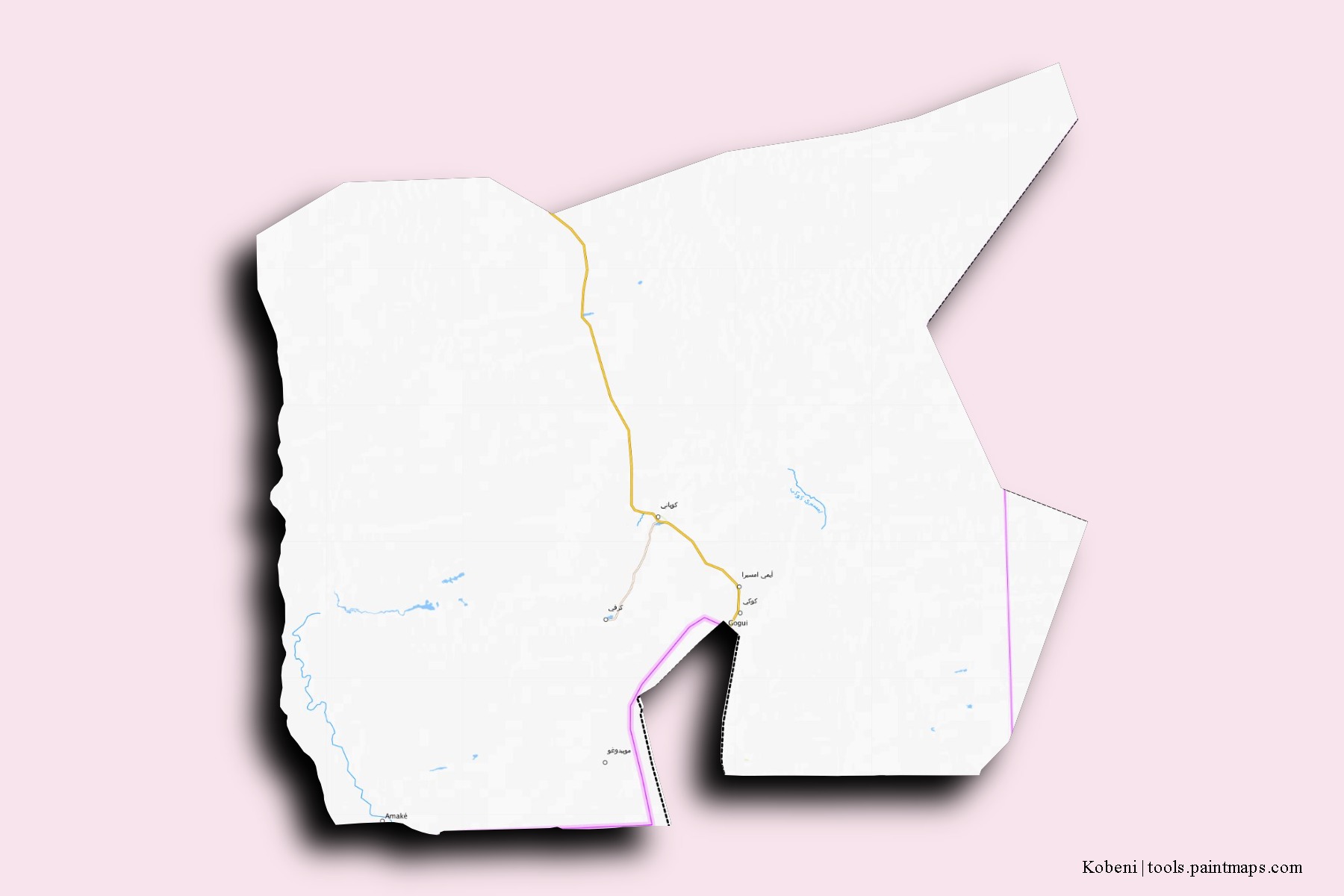 Mapa de barrios y pueblos de Kobeni con efecto de sombra 3D