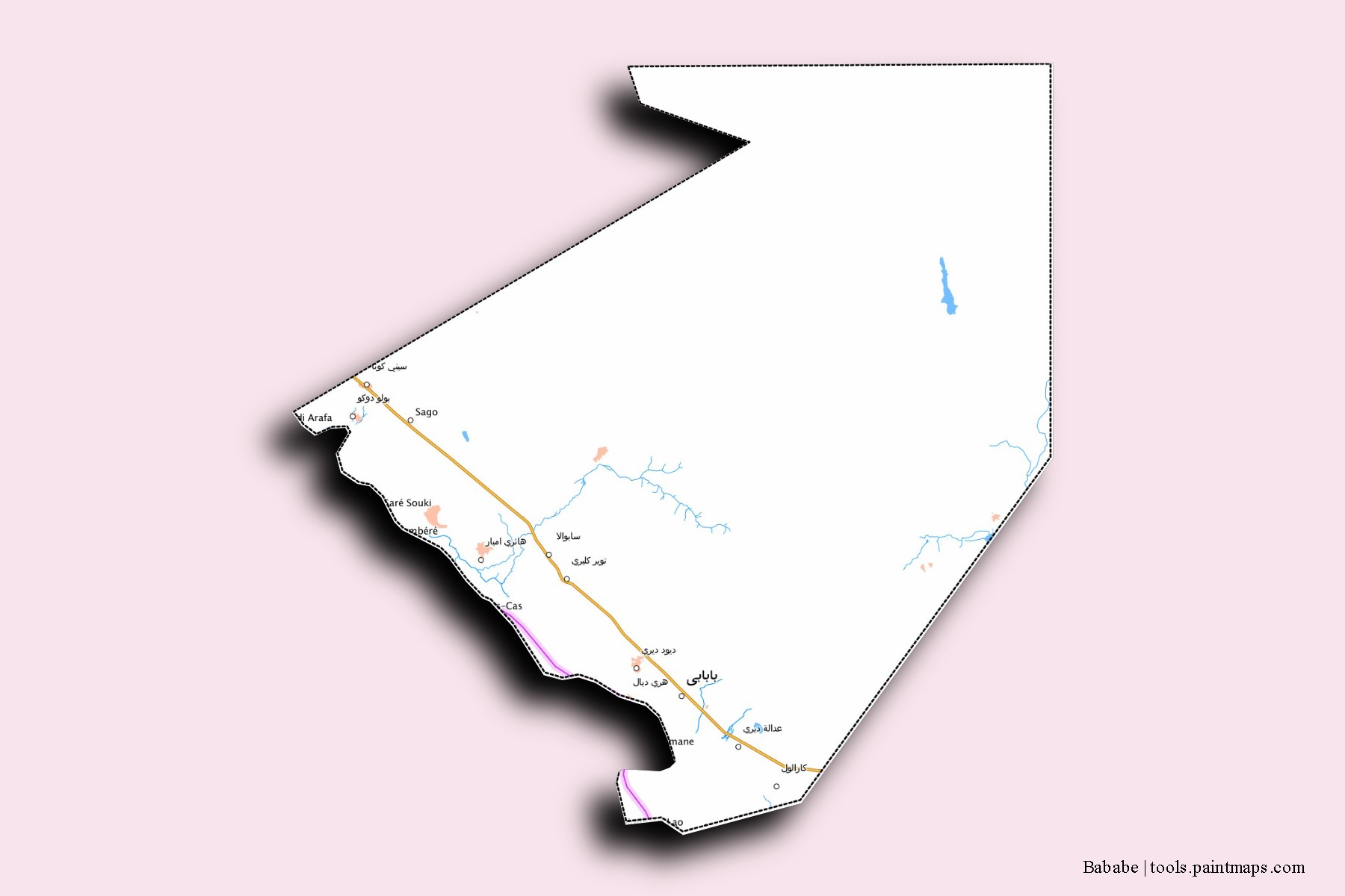 Mapa de barrios y pueblos de Bababe con efecto de sombra 3D