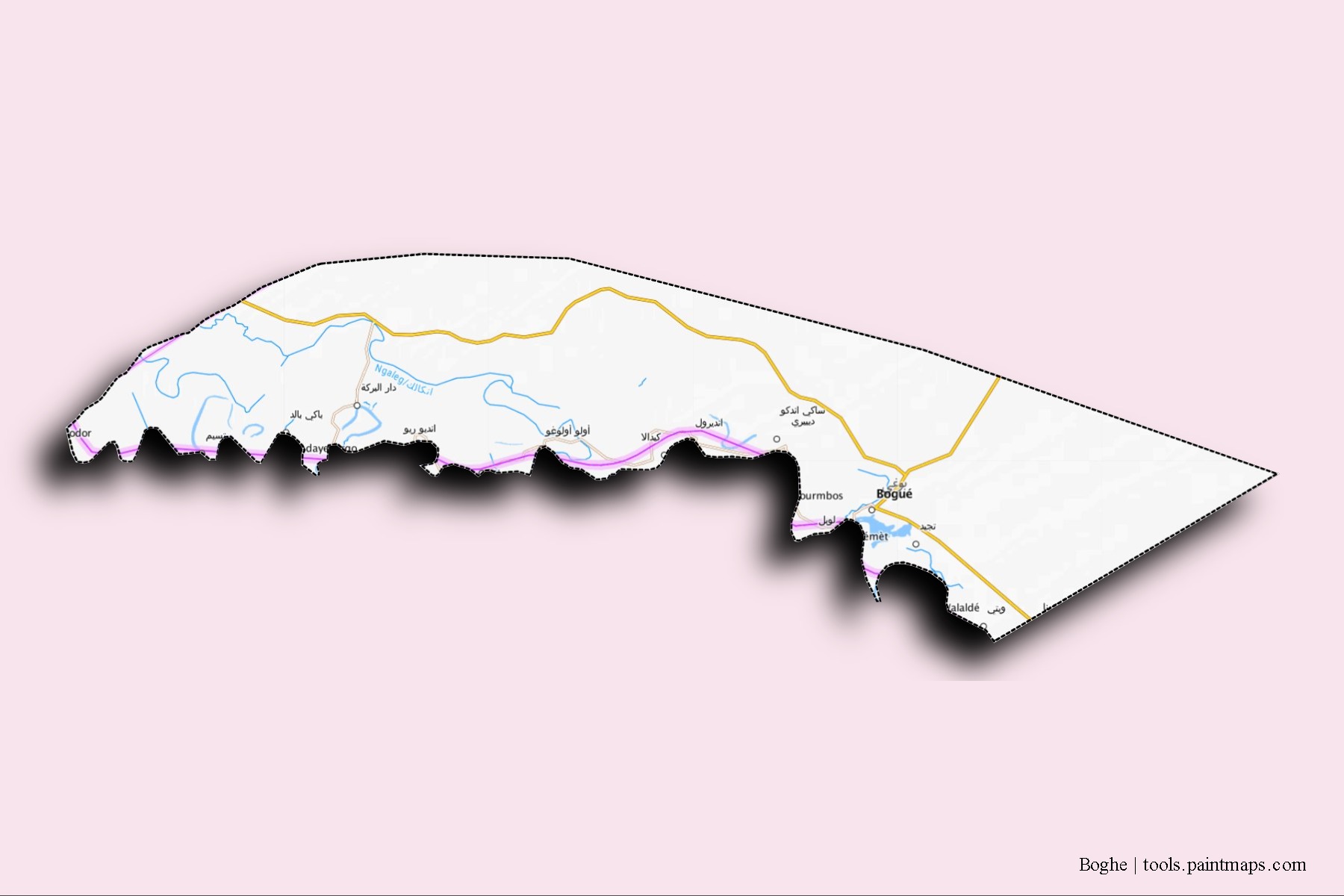 Boghé neighborhoods and villages map with 3D shadow effect