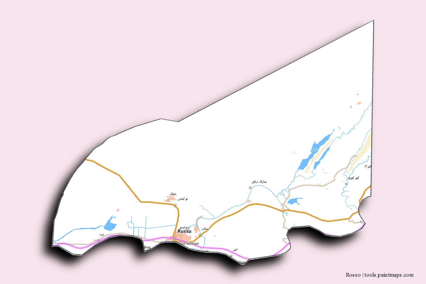 Rosso neighborhoods and villages map with 3D shadow effect