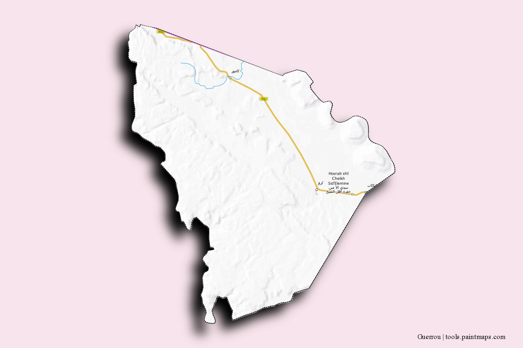 Mapa de barrios y pueblos de Guerrou con efecto de sombra 3D