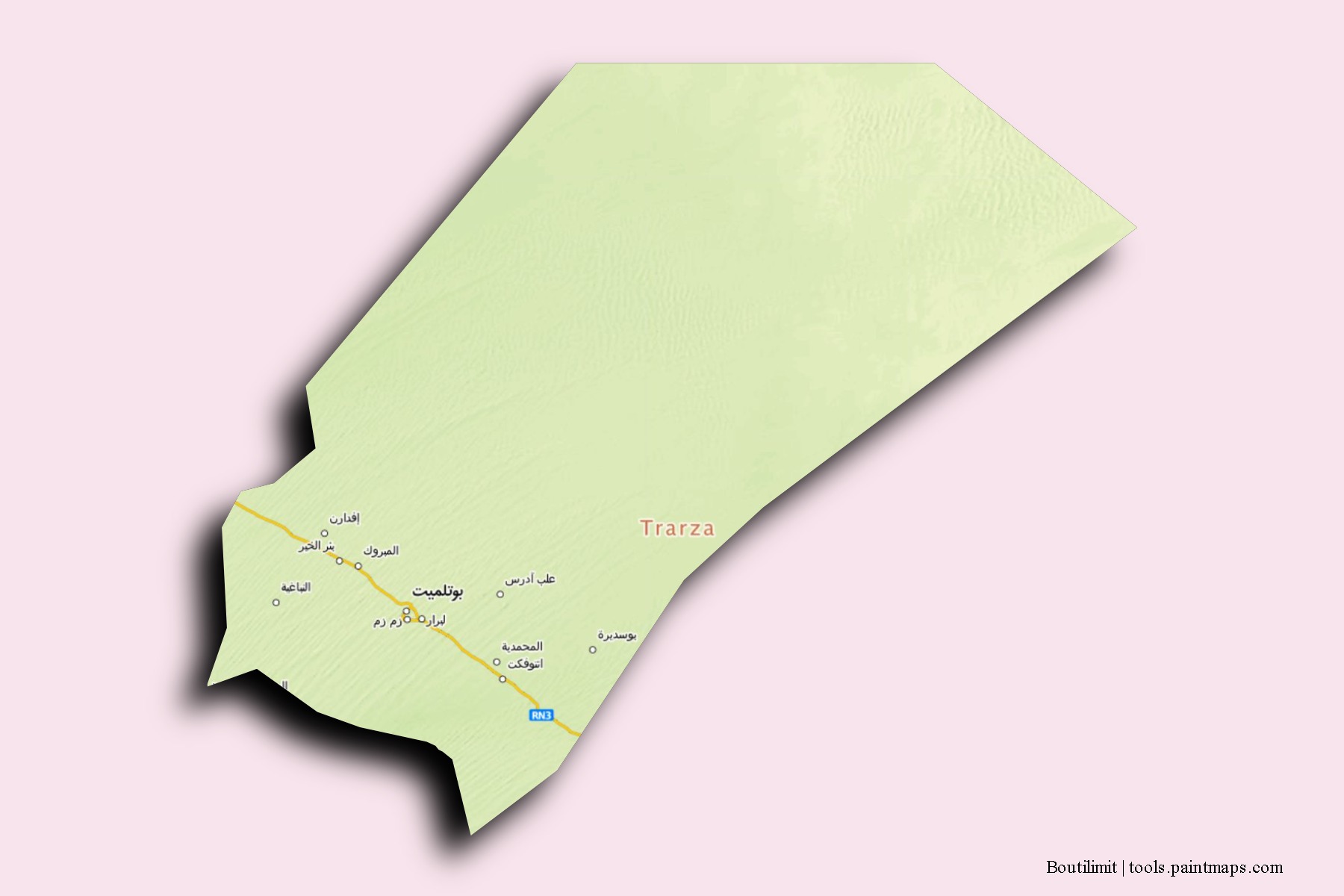 Mapa de barrios y pueblos de Boutilimit con efecto de sombra 3D