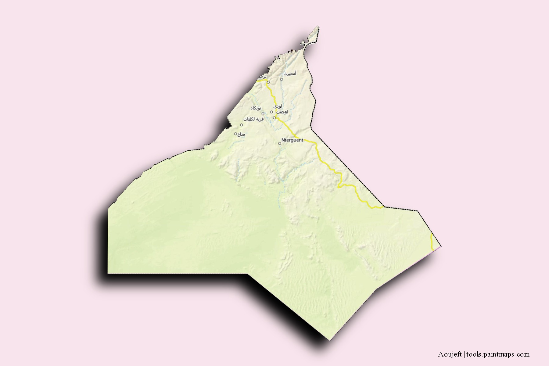 Mapa de barrios y pueblos de Aoujeft con efecto de sombra 3D