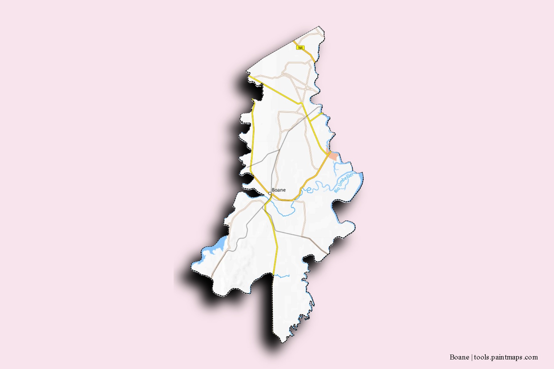 Mapa de barrios y pueblos de Boane con efecto de sombra 3D