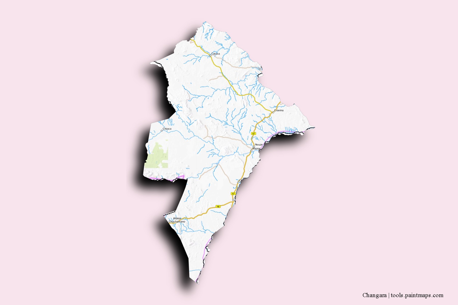 Mapa de barrios y pueblos de Changara con efecto de sombra 3D