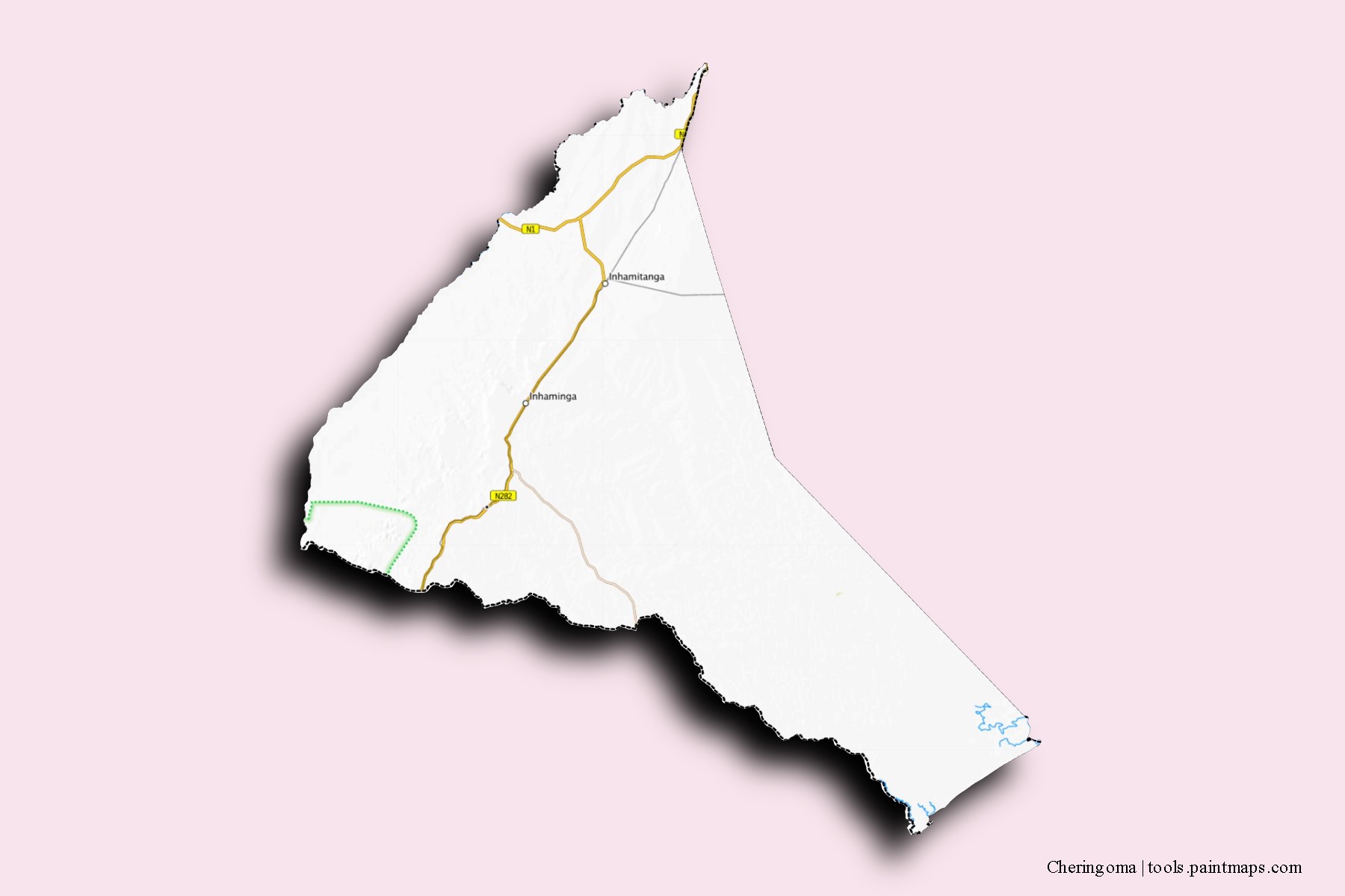 Mapa de barrios y pueblos de Cheringoma con efecto de sombra 3D